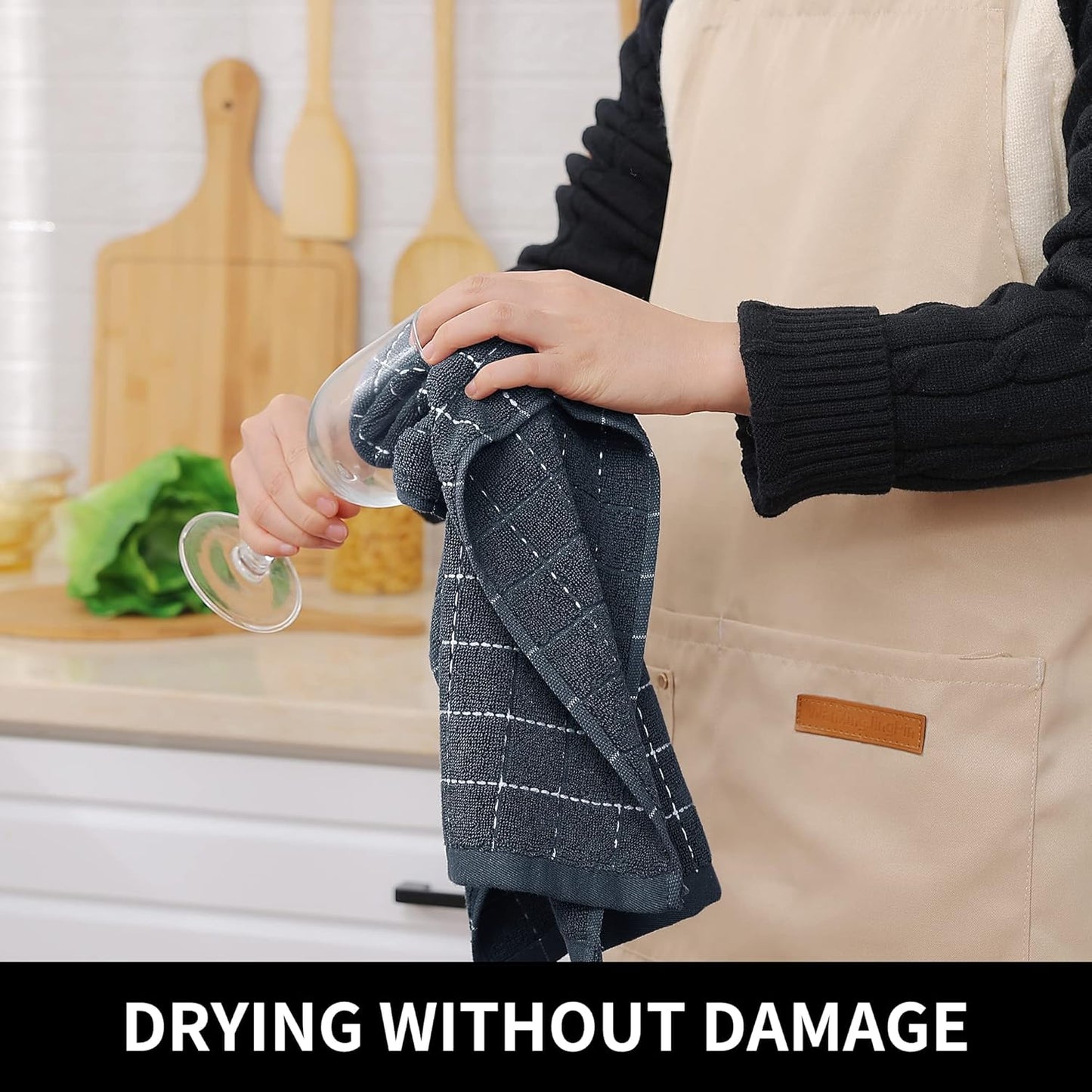 Homaxy 100% Cotton Terry Kitchen Towels(Dark Grey, 13 x 28 inches), Checkered Designed, Soft and Super Absorbent Dish Towels, 8 Pack