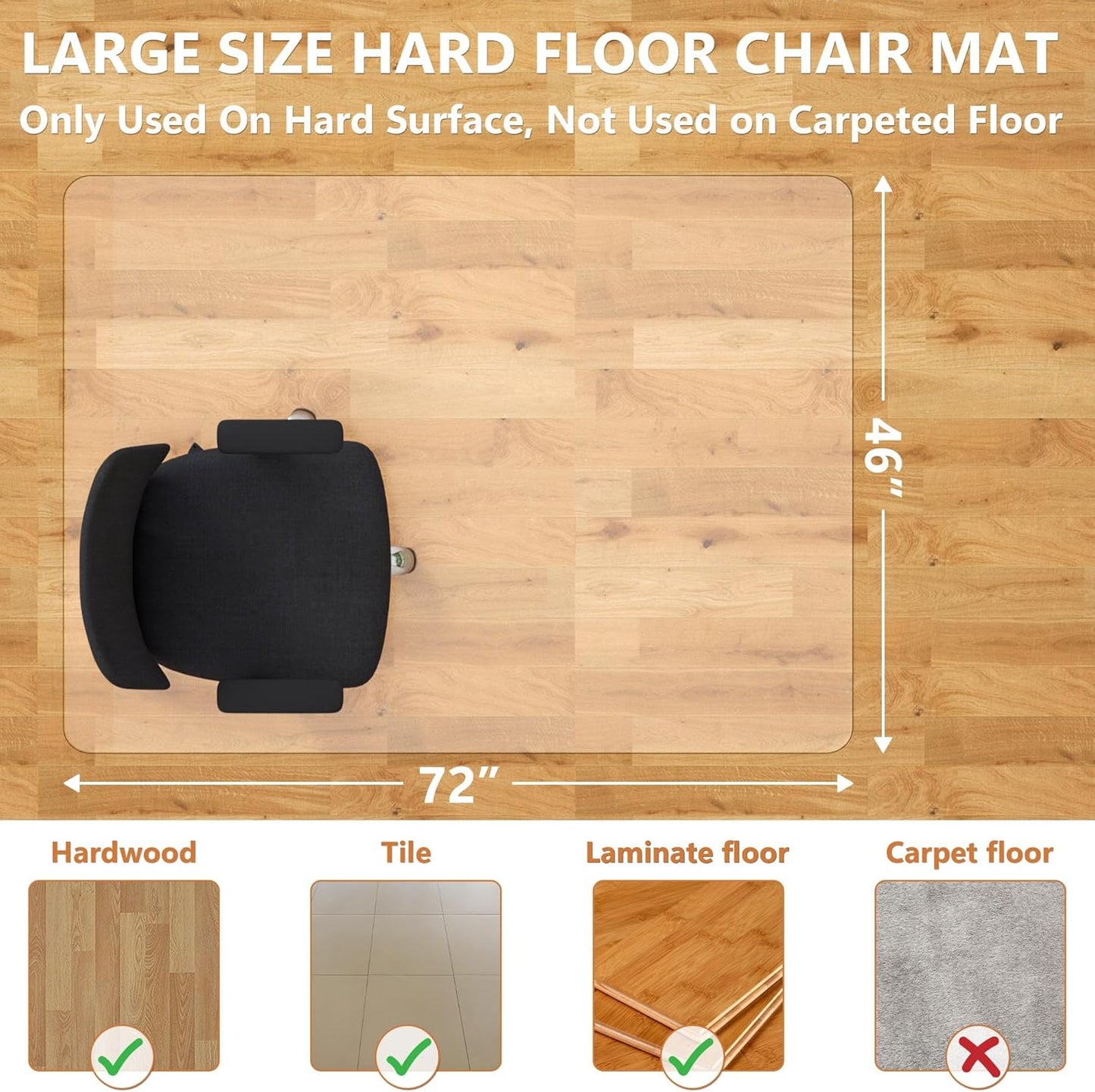 Large Office Chair Mat for Hardwood Floor- 46" x 72" Clear Computer Desk Chair Mat for Hard Wood/Tile Floors, Easy Glide Plastic Mat for Under Office Chairs on Hardwood for Work & Home