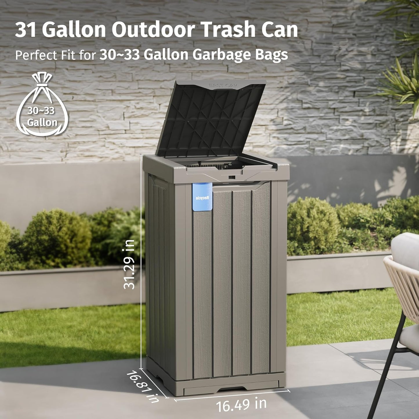 EAST OAK 31 Gallon Outdoor Trash Can | Waterproof Resin Garbage Can with Recycle and Garbage Labels | Secure Bag Lip Lock and Drip Tray | Outside Trash Bin for Patio | Kitchen, Backyard or Deck | Gray