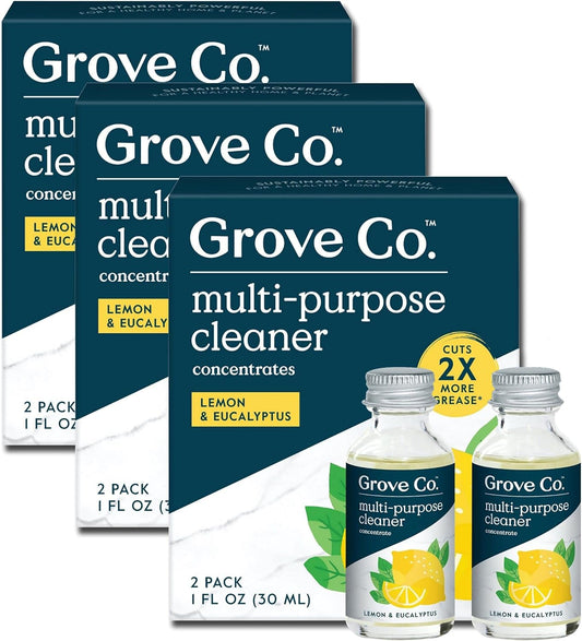 Grove Co. Multi-Purpose Cleaner, Refill Concentrate (6 x 1 Fl Oz) Plant-based Household Cleaning Supplies, Ammonia & Chlorine Free, No Plastic Waste, Lemon & Eucalyptus Scent, Total 3 x 2 Pack Refills