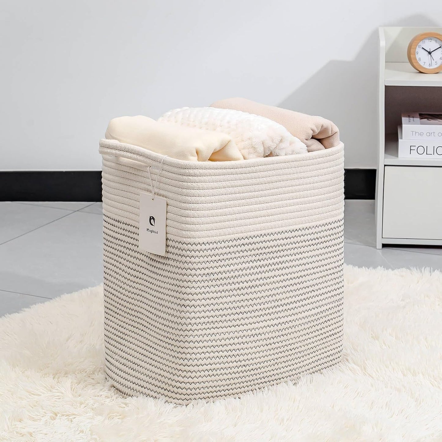 Medium and Large Woven Basket//With Handle, Used for Toys and Fabric Storage Basket used for Storing xl Storage Box, Decorative Storage Box Room (14L*15.7H I White/Black Line, 14L*10W*15.7H)