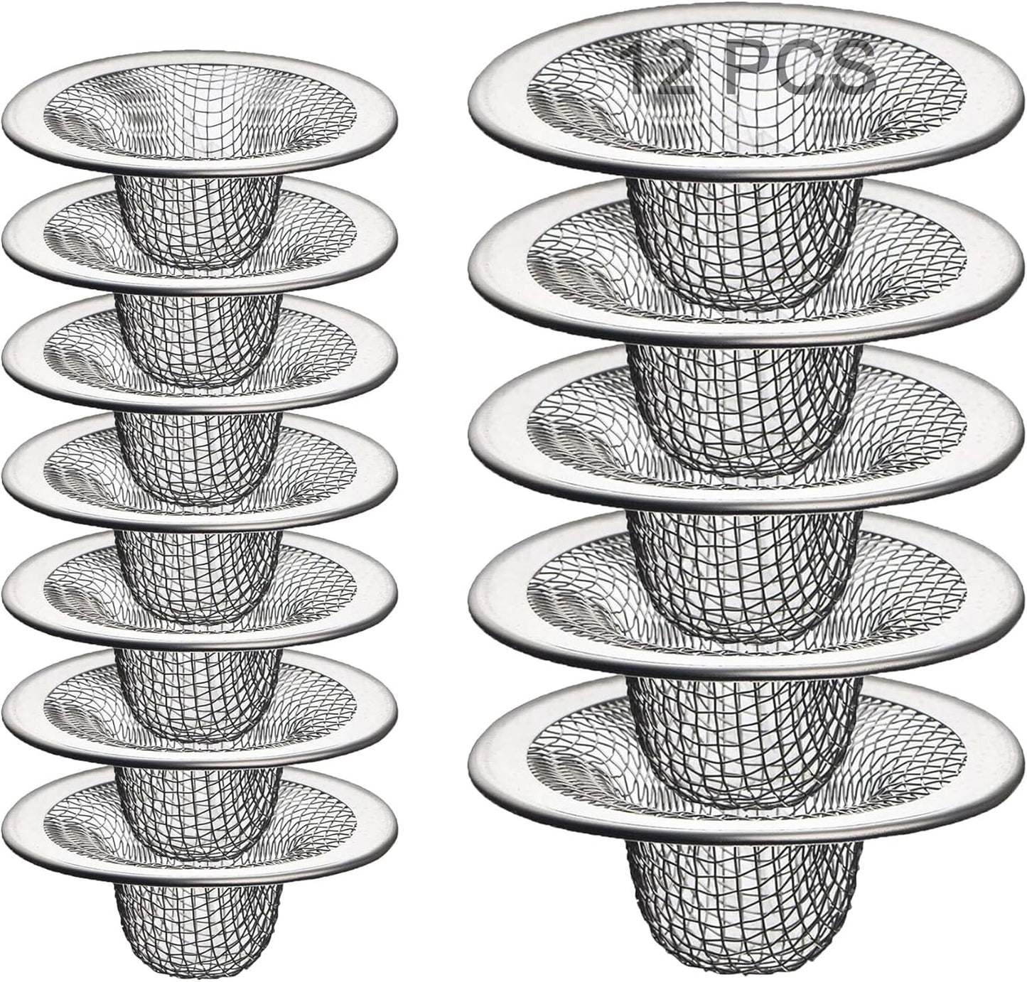 12PCS Stainless Steel Slop Basket Filter Trap, 2.75" & 4.41" Mesh Sink Drain Strainer Screen Bathroom Kitchen, Drain Mesh Basket Cover Hair Catcher for Lavatory RV Shower Floor Utility Drain