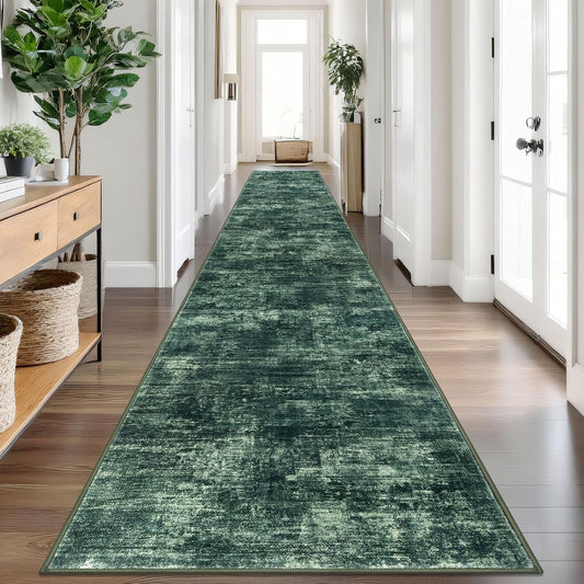 IOHOUZE Abstract Runner Rug 3x18 Ft Washable Runners for Hallways, Non Slip Kitchen Runner Printed Faux Wool Entryway Runner Indoor, Modern Abstract Floor Carpet for Hall Stair, Dark Green