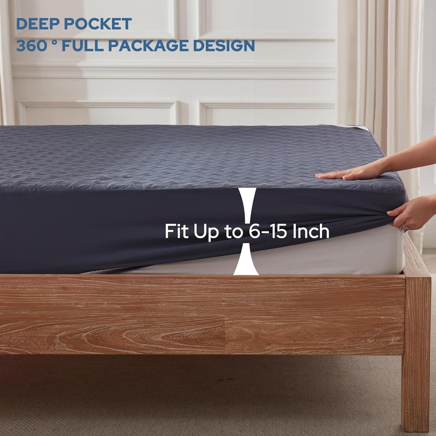 BEDLORE Waterproof Mattress Protector, Full Size Noiseless Mattress Pad with Deep Pocket 6"-15" Depth, Soft Breathable Bed Mattress Cover Washable for Home, Bedroom, Hotel (Navy Blue)