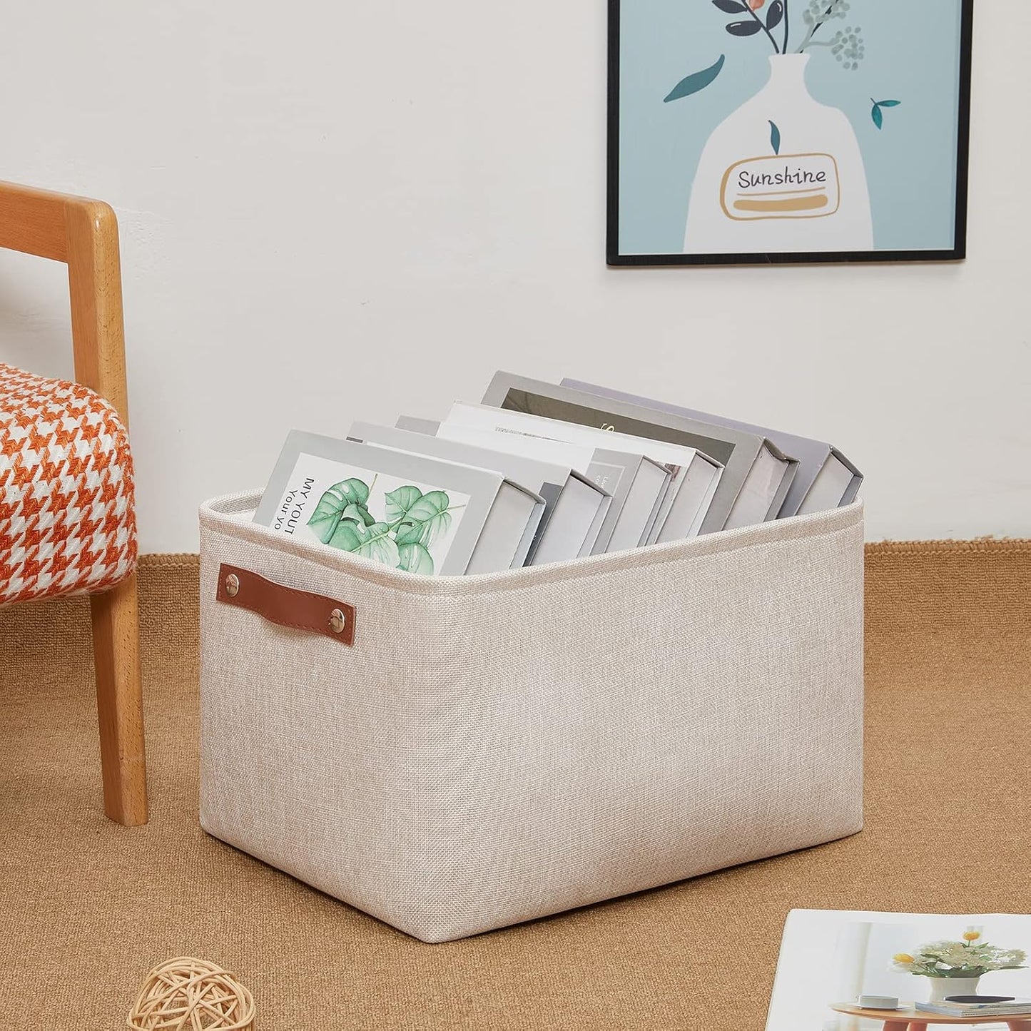 DULLEMELO Fabric Organizer for Storage, Office, Home, Nursery - Small Fabric Storage Basket with Handles (Beige)