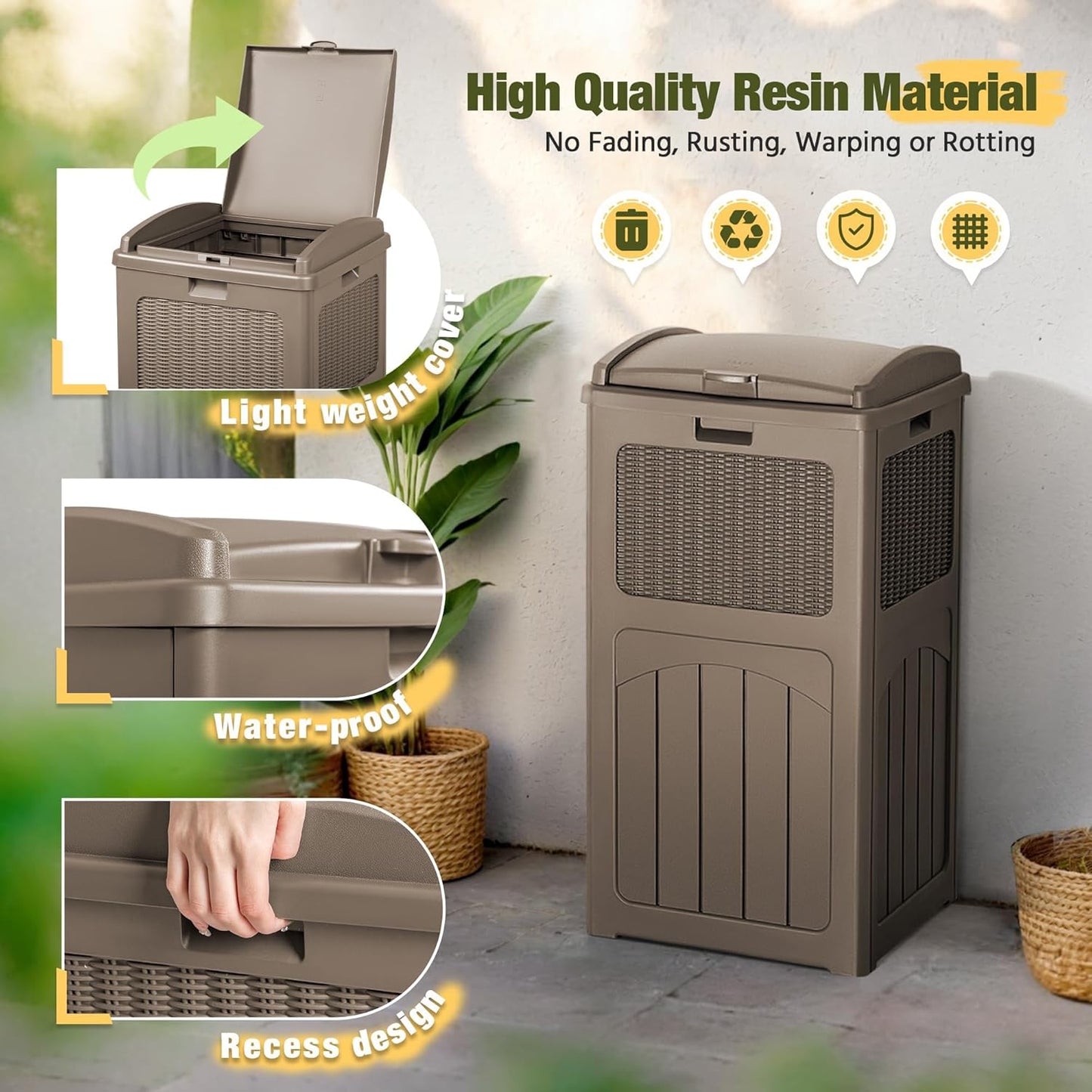 Devoko 33 Gallon Outdoor Trash Can with Dual Lid, Heavy Duty Waterproof Resin Garbage Bins Outside, Hideaway Waste Bins for Patio, Outside Pool, Backyard and Deck (2, Brown)