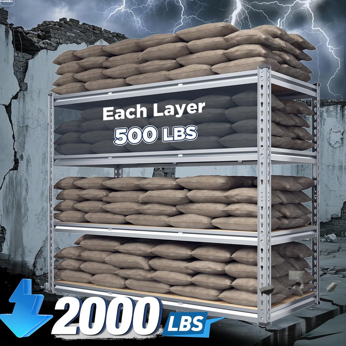 REIBII Garage Shelving, 4 Tier Storage Shelves Load 2000LBS, Adjustable Garage Shelving Heavy Duty, Metal Shelves Unit for Basement, Warehouse, 48" W x 60" H x 18" D, Galvanized