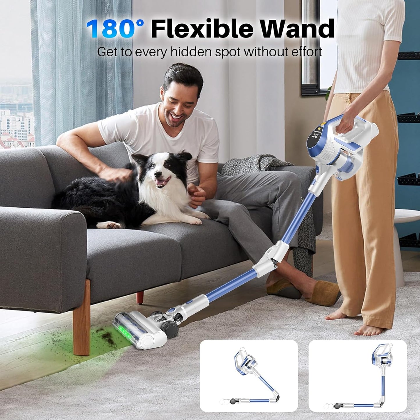 Cordless Vacuum Cleaner - Powerful, 45Kpa Home Stick Vacuum, 180°Bendable Wand & Removable Battery, Up to 50 Mins, 8 in 1 Self-Standing Vacuum, Wall Mount Charging for Hardfloor, Carpet Blue