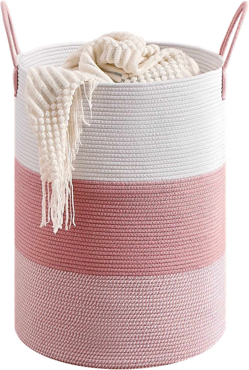 CLHMILY&Z 100L Laundry Basket Round Storage Rope Basket - 18.1x24 Inches - Pink Hamper in Bedreoom and Cute Storage Bin for Blankets, Toys, and Nursery Essentials