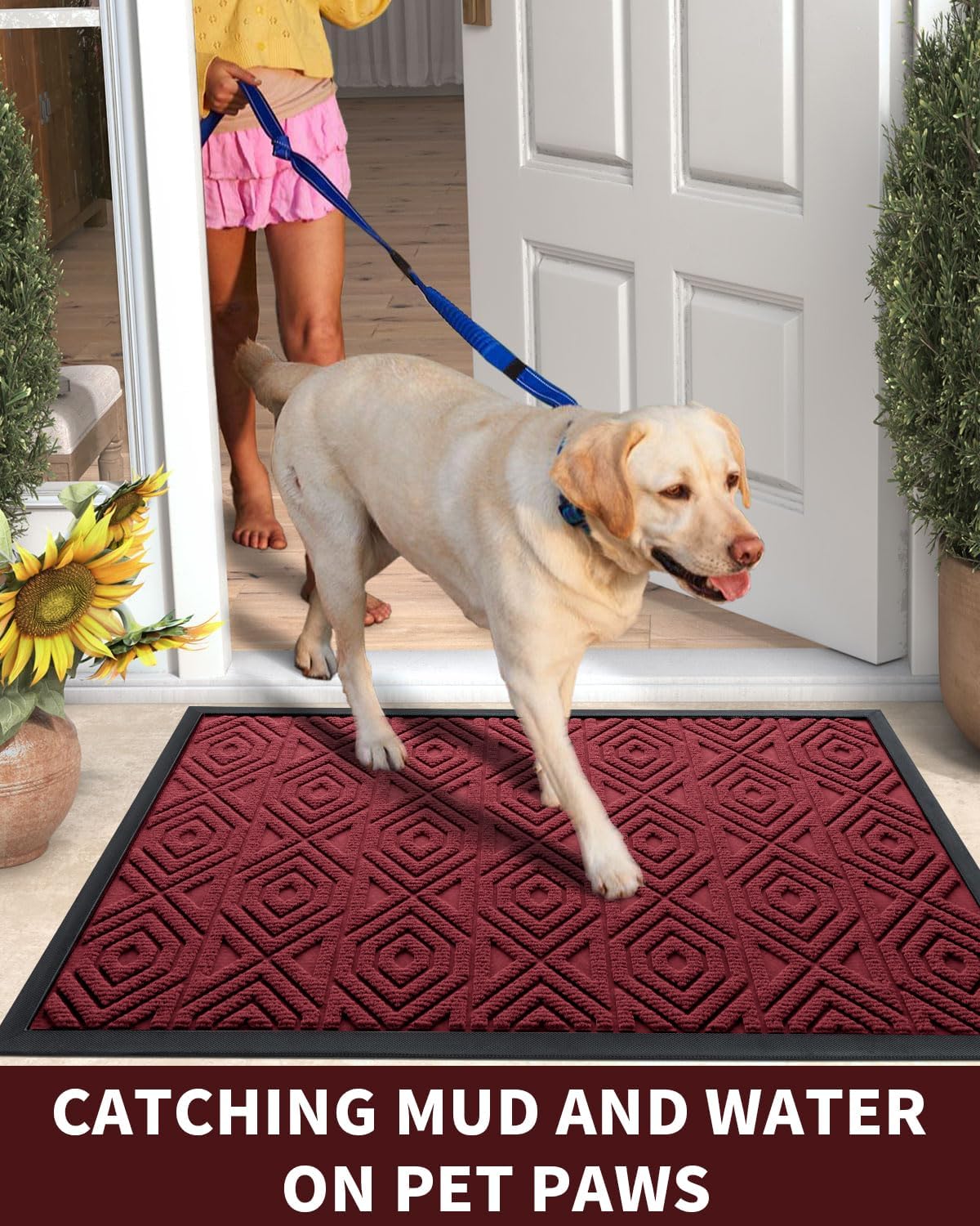 Yimobra Door Mat, Outdoor Indoor Entrance Welcome Mat, Heavy Entry Front Door Mat, Stain & Fade Resistant, Low Profile, Sturdy Rubber, Easy Clean Patio Floor Mat, Waterproof, 36 x 24, Wine Red
