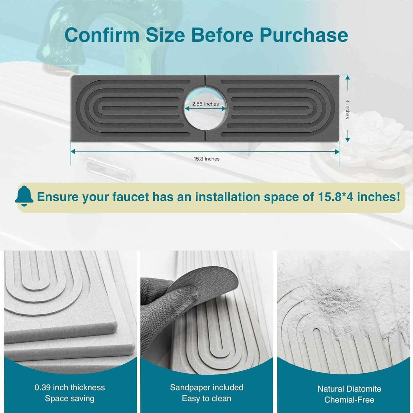 Absorbent Faucet Mat, Sink Caddy Kitchen Sink Organizer, Kitchen Counter Decor, Quick Dry Stone Mat Kitchen, Water Absorbing Stone Tray for Sink, Kitchen Soap Tray, Stone Sink Mat (DARK GREY, 15.8*4")