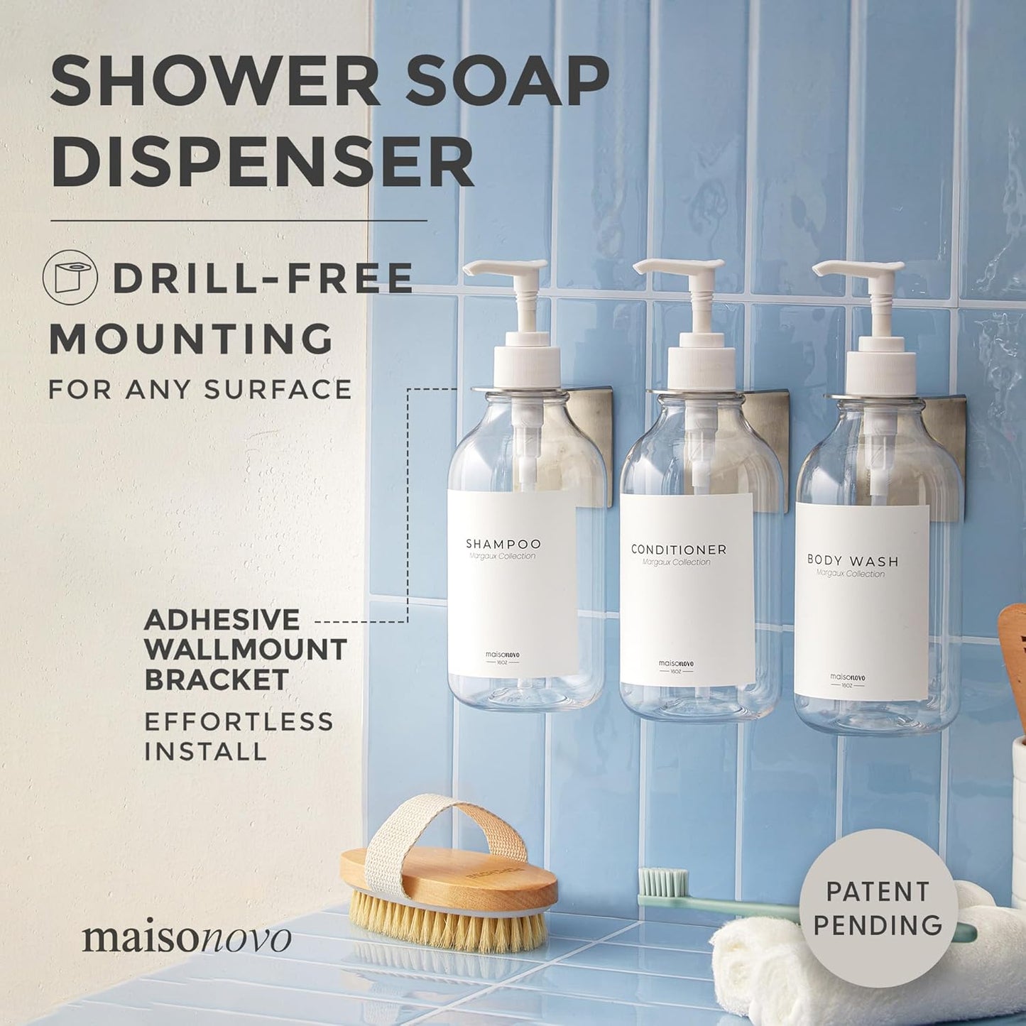 MaisoNovo Shampoo and Conditioner Dispenser - Shower Soap Dispenser Wall Mounted - 16.9 fl oz Set of 3 Clear Plastic Bottles White Pump - Shampoo Dispenser, Shower Dispenser 3 Chamber No Drill