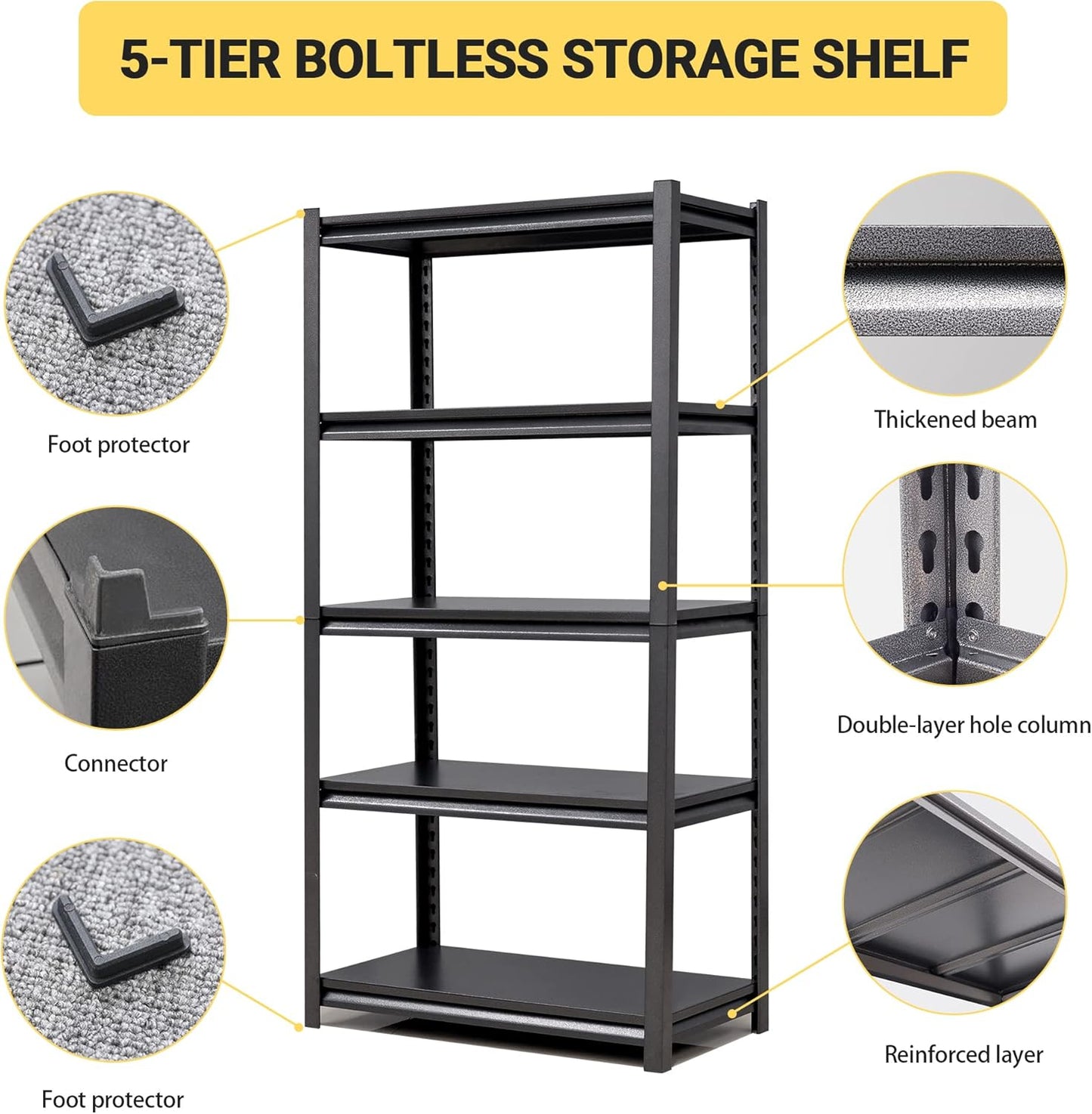 72" H Garage Shelving, Metal Storage Shelves, Adjustable 5 Tier Storage Rack, Heavy Duty Shelving, Industrial Utility Shelf for Garage, Warehouse, Bedroom, Kitchen,16" D×36" W×72" H, Black