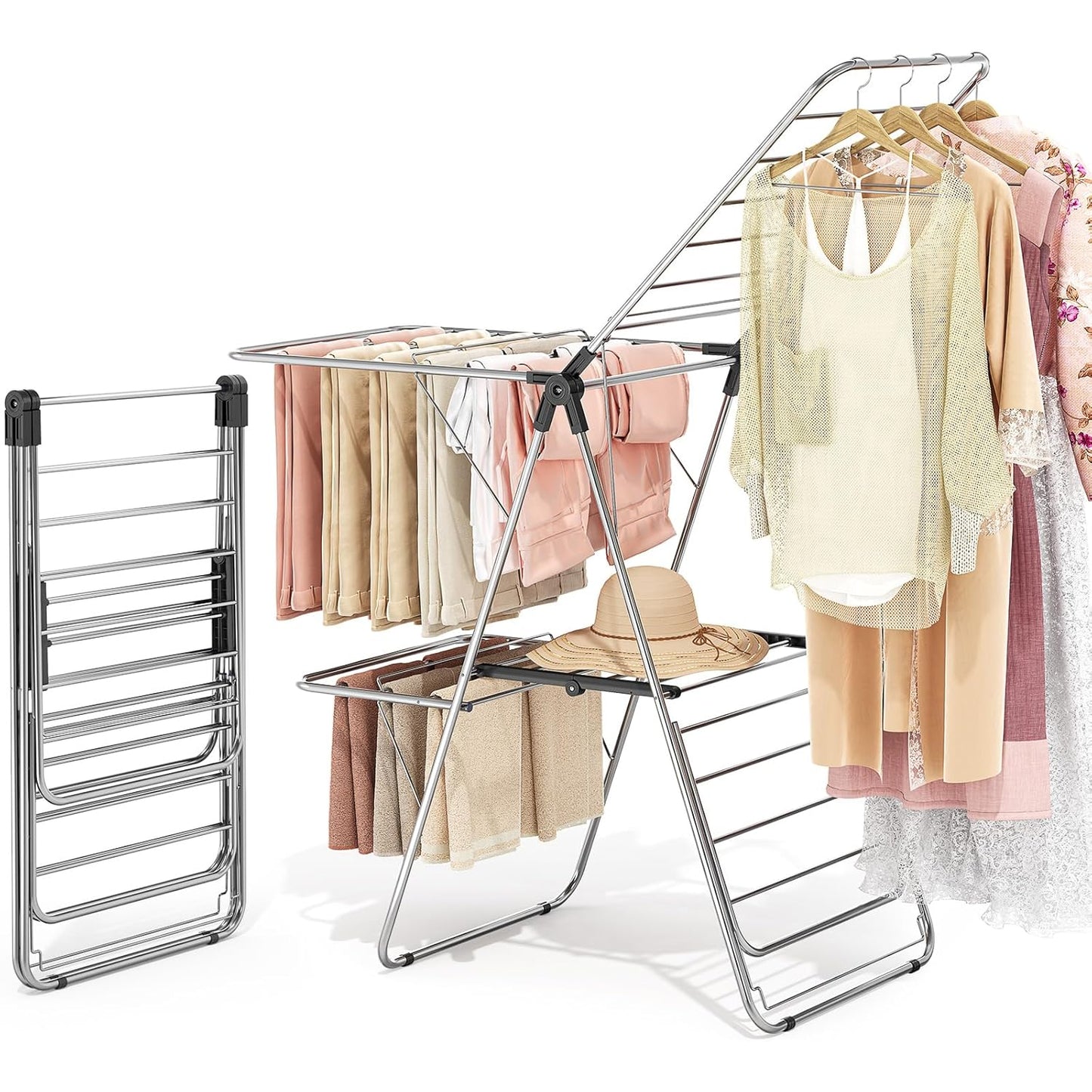 APEXCHASER Clothes Drying Rack with 4 Wings, Stainless Steel Drying Rack Clothing with Height-Adjustable, Foldable Gullwings Laundry Drying Rack, Indoor Outdoor Use, No Assembly, Black