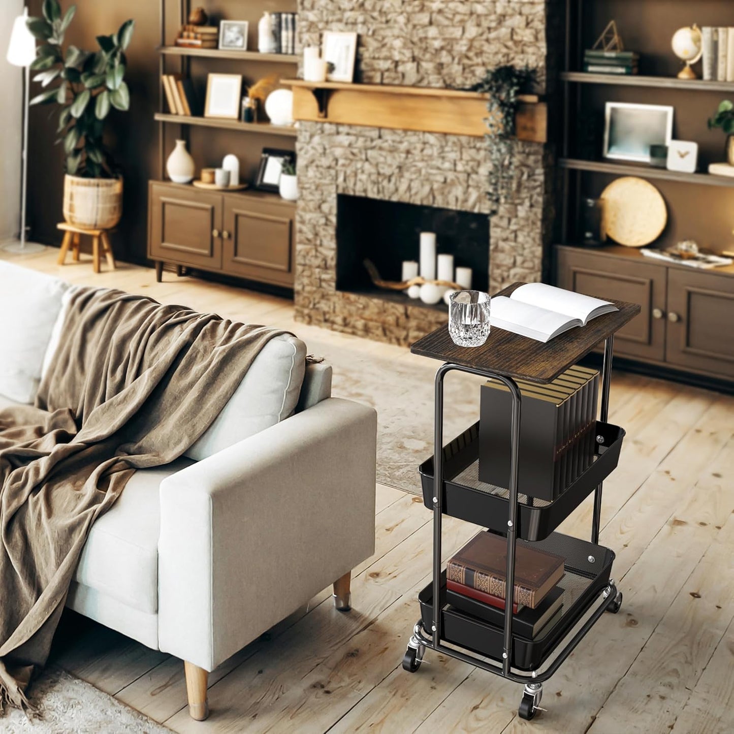 Simple Houseware 2-Tier Rolling Utility Cart with Lockable Wheels and Wood Top, Metal Storage Organizer Trolley for Kitchen, Bathroom, Office, Craft Room, Rustic Brown