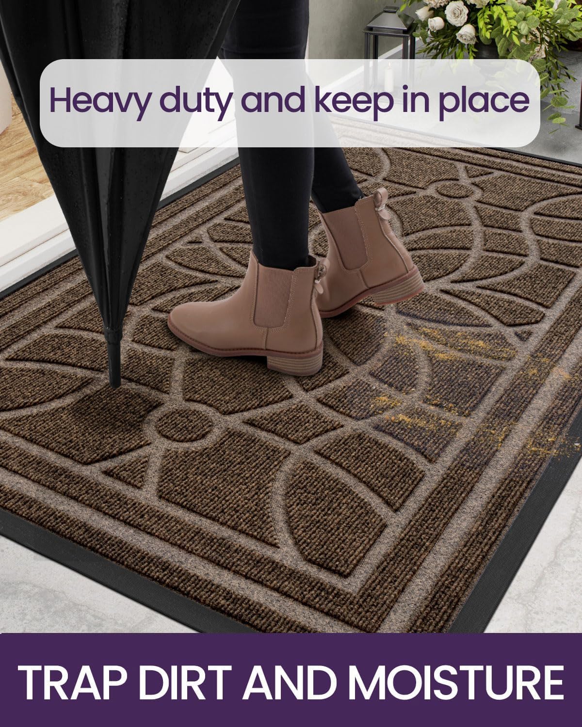 DEXI Front Door Mat Outside Entrance, Heavy Duty Non Slip Low Profile Doormat for Entryway, Trap Dirt and Moisture Welcome Mats, Easy Clean, Patio, Garage, 17x29, Brown