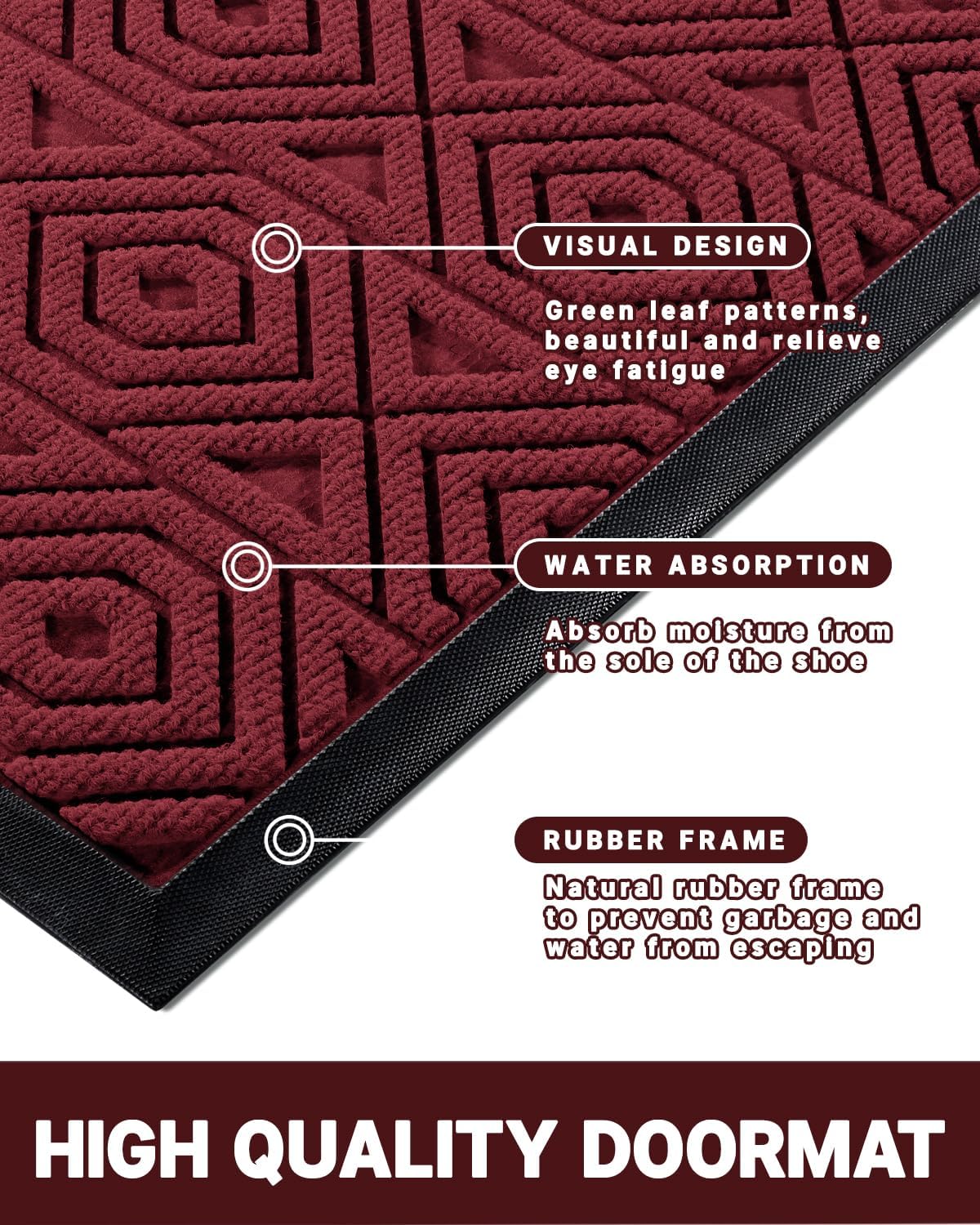 Yimobra Door Mat, Outdoor Indoor Entrance Welcome Mat, Heavy Entry Front Door Mat, Stain & Fade Resistant, Low Profile, Sturdy Rubber, Easy Clean Patio Floor Mat, Waterproof, 36 x 24, Wine Red