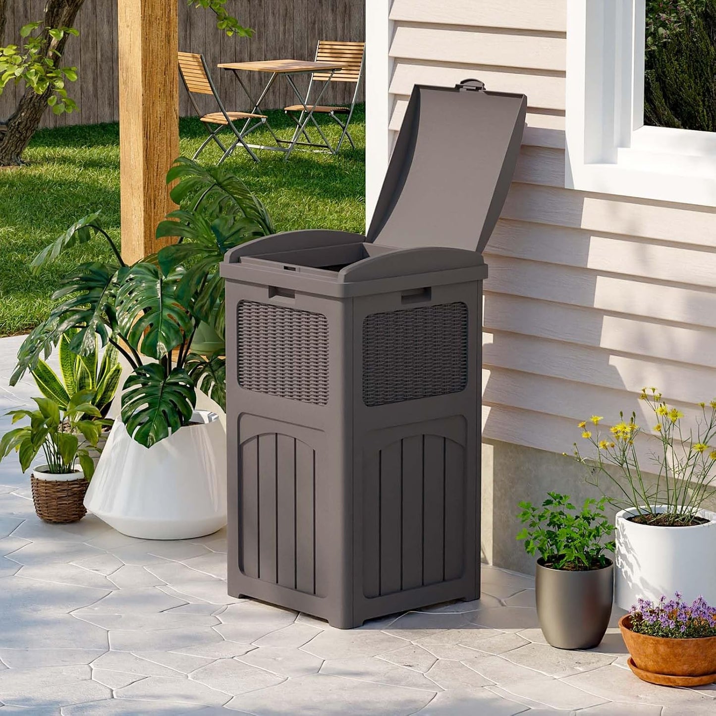 Patiowell 36 Gallon Outdoor Trash Can, Resin Outdoor Garbage Can with Lid for Patio, Backyard, Deck, Dark Brown