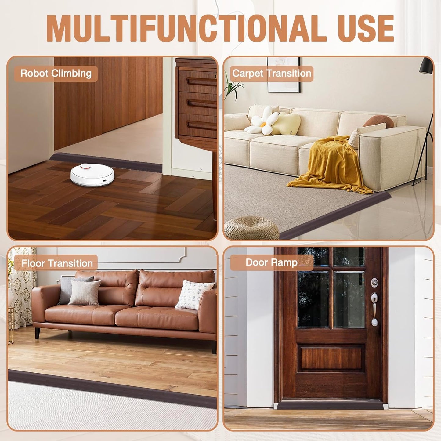 Floor Transition Strip Self Adhesive Vinyl Door Threshold for Doorways Carpet Edging Trim Overlap Edge Reducer for Laminate Floor, Carpet, Tile (Dark Walnut Grain, 3/5" to 4/5", 10Ft)