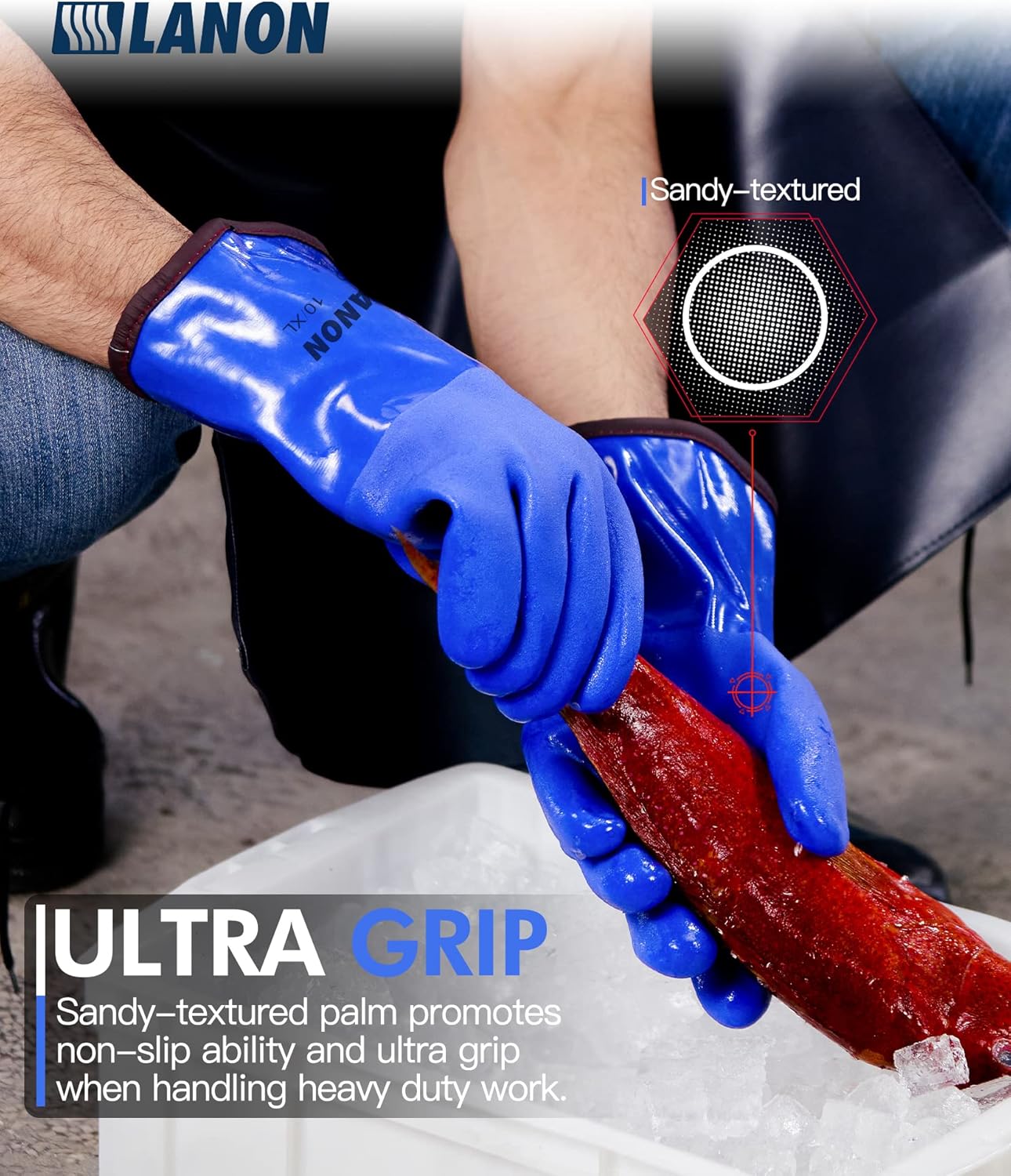 LANON PVC Coated Cold Proof Heavy Duty Gloves, Waterproof Warm Work Gloves for Freezer Work, Chemical & Oil Resistant, Non-Slip, Large