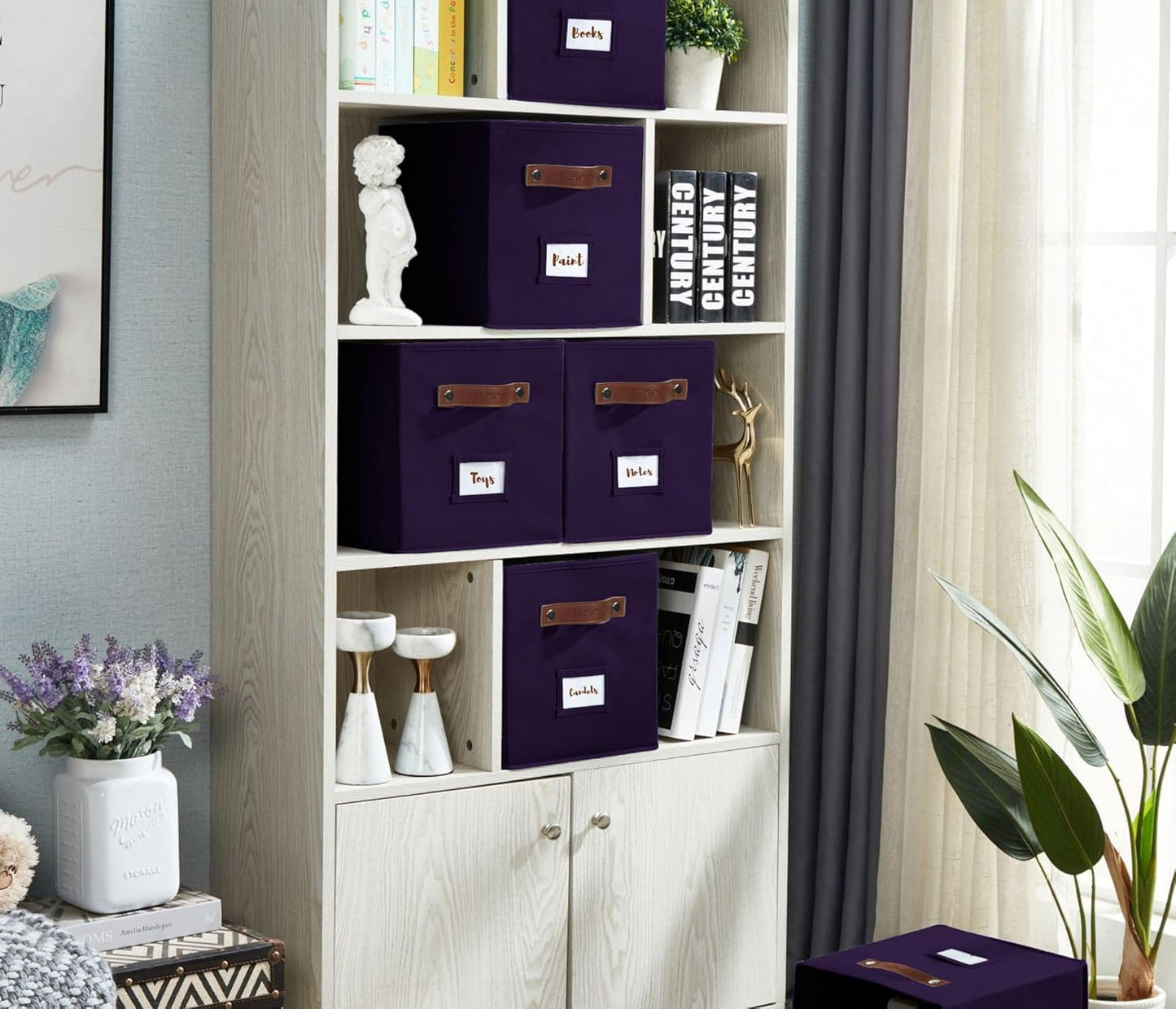 DECOMOMO Storage Bins, Cube Storage Bin with Labels, Fabric Storage Cubes for Shelves (10.5" x 11" / 6pcs, Deep Purple)