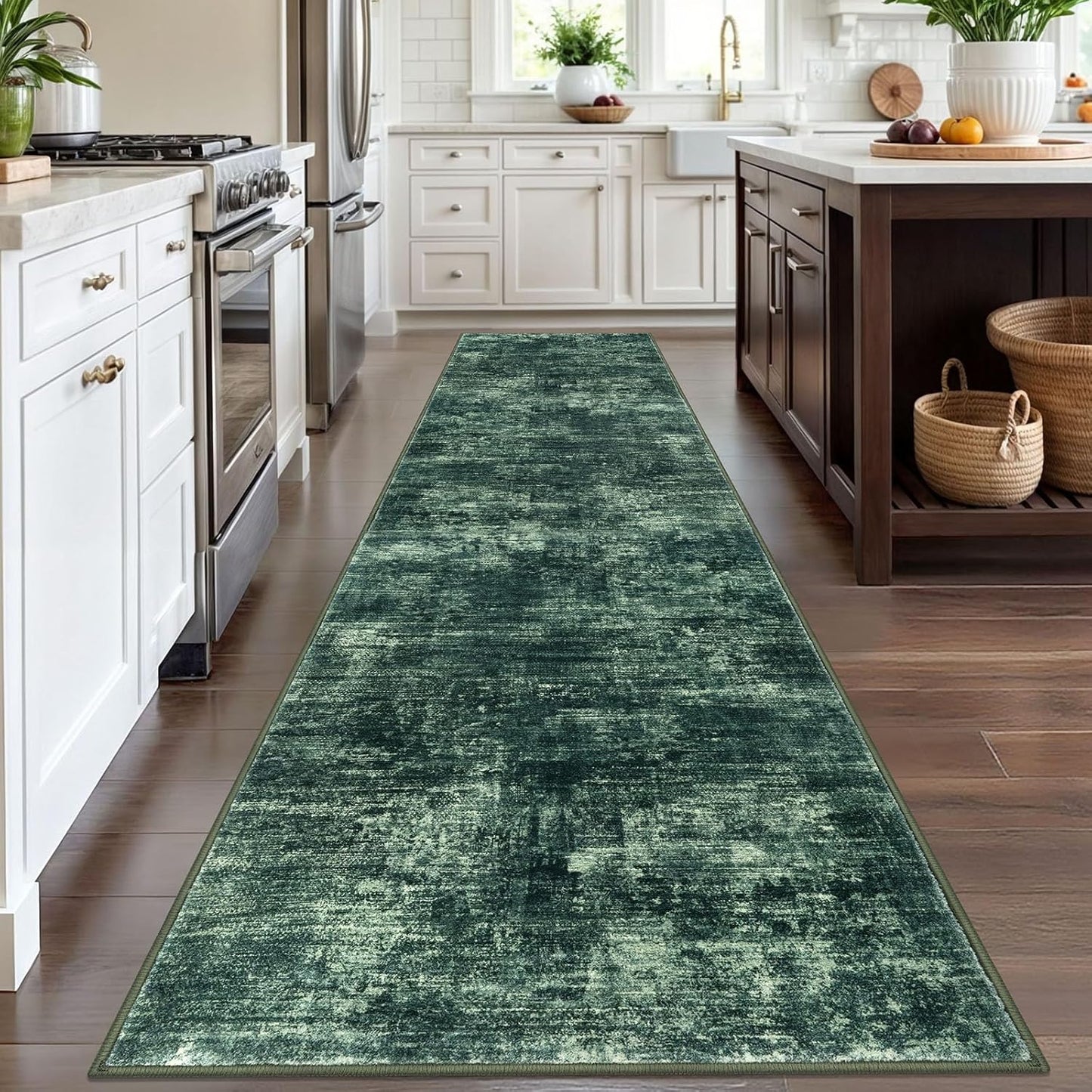 IOHOUZE Abstract Runner Rug 3x12 Ft Washable Runners for Hallways, Non Slip Kitchen Runner Printed Faux Wool Entryway Runner Indoor, Modern Abstract Floor Carpet for Hall Kitchen, Dark Green
