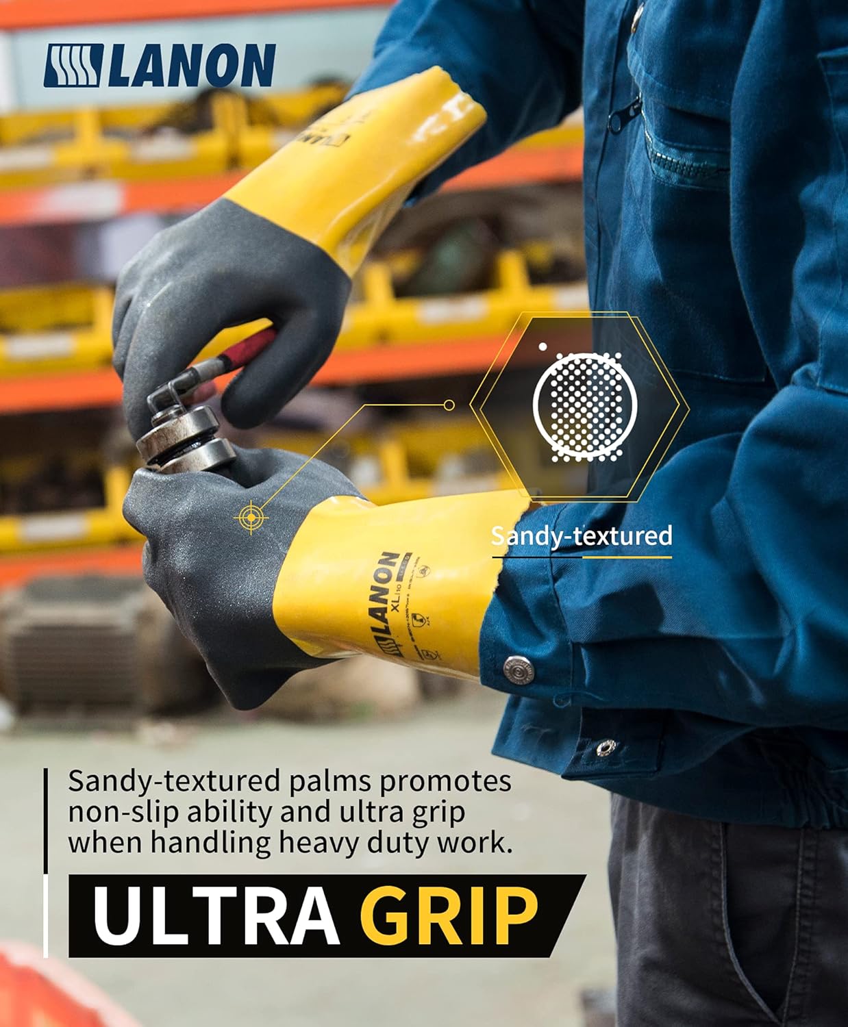 LANON 3 Pairs PVC Chemical Gloves, Thick Rubber Work Gloves, Heavy-Duty, EN 374/388, Acid, Alkali and Oil, Non-Slip, XL