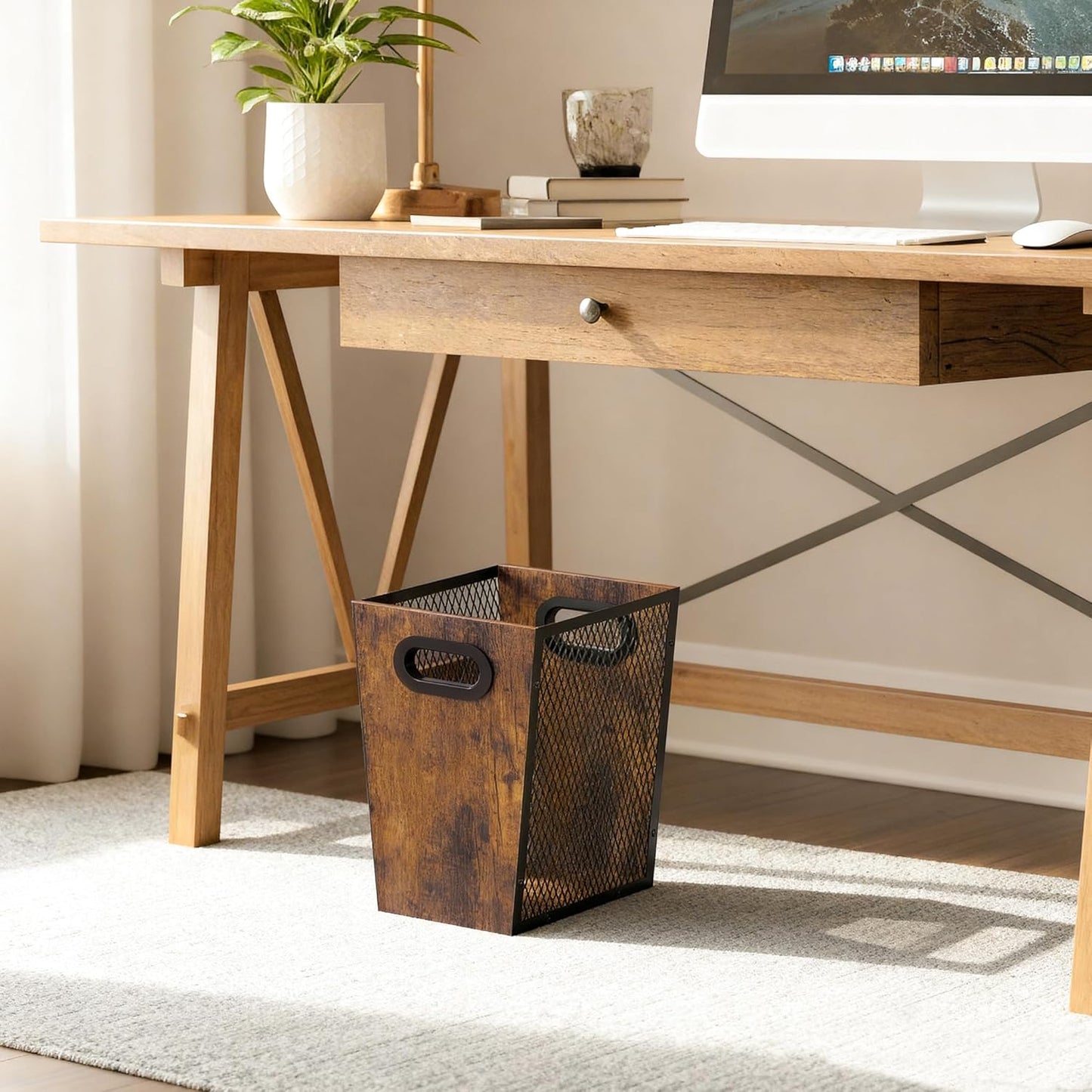 Piskyet Rustic Office Trash Can for Near Desk, 4.5 Gallon Unique Wood Bedroom Garbage Can,Vintage Wastebasket with Handle, Decorative Trash Can for Home Office,2pack 10.8" L x 7.8" W x 11.8" H