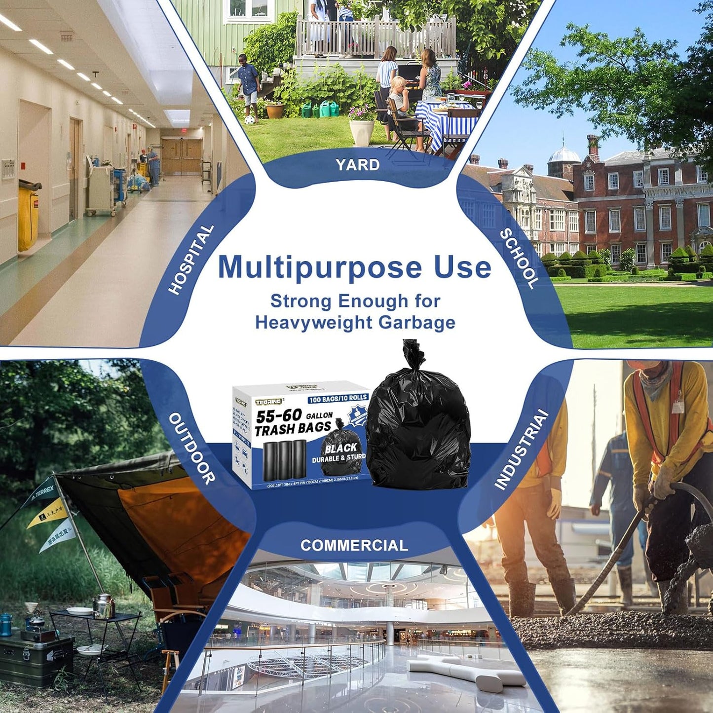 55-60 Gallon Trash Bags Heavy Duty 2.1 Mil - 39''x55'' 100 Count Extra Thick Black Garbage Bags Unscented Strong Huge Can Liners for Construction Industrial Yard Outdoor Commercial