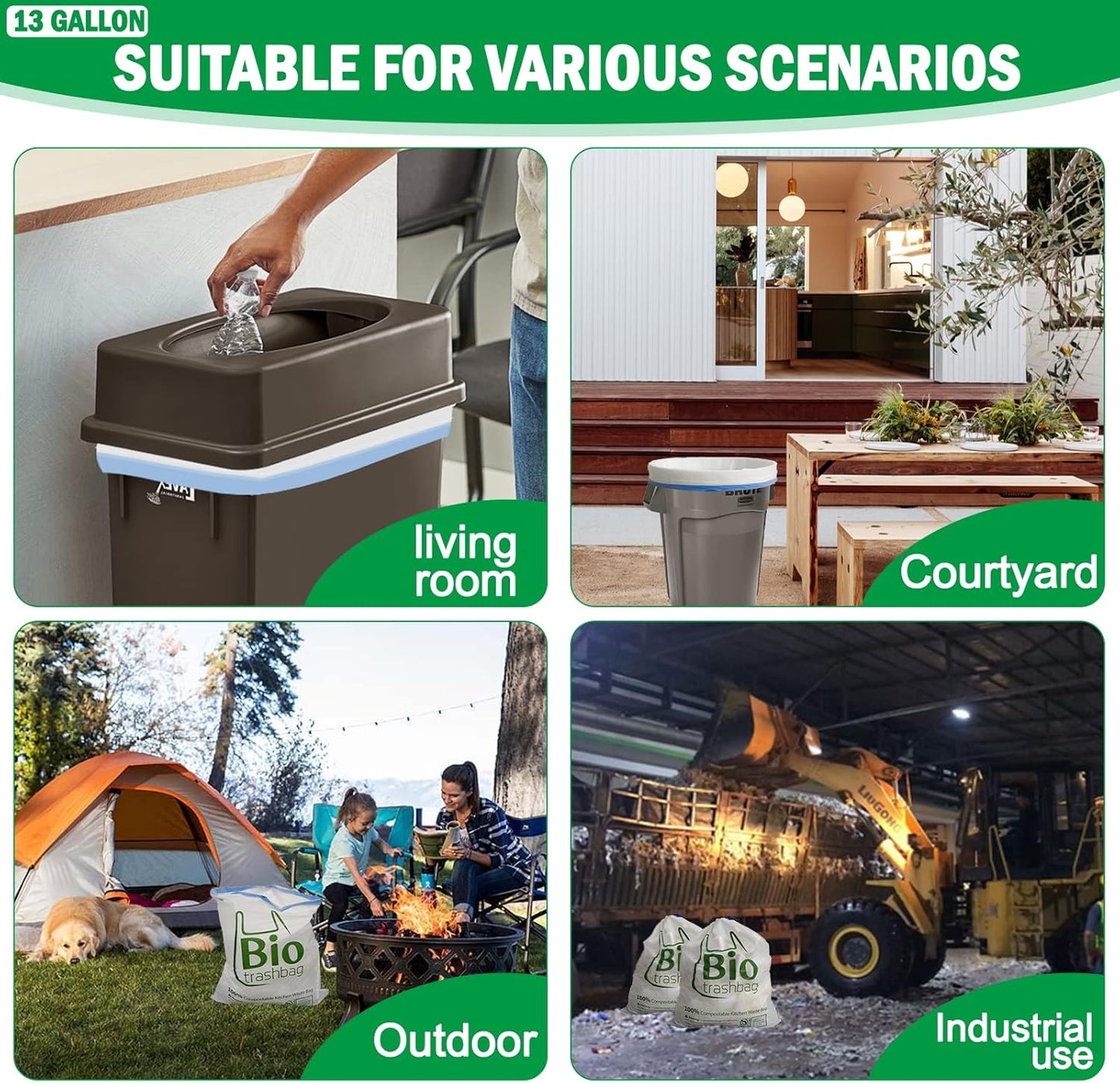 13 Gallon Compostable Trash Bags, 50 Count Biodegradable Drawstring Compost Food Waste Bags, Heavy Duty 1 Mil, 49.2 Liter, Tall Kitchen Large Garbage Bags, US BPI and Europe OK Compost