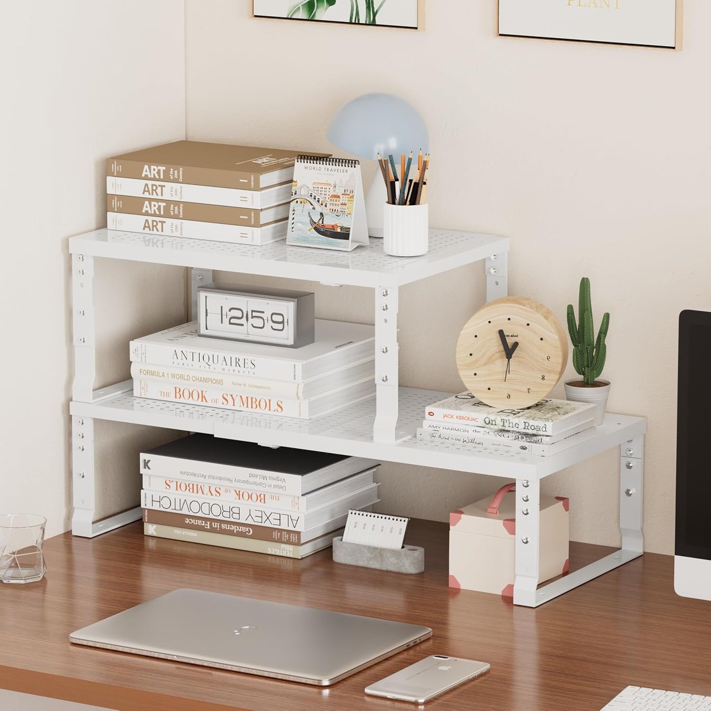 Metal Stackable Expandable Storage Shelf - Multi-Functional Home Storage Shelf, Suitable for Kitchen, Cabinet，Bathroom, Office, Garage, etc.（1PACK/White/Medium