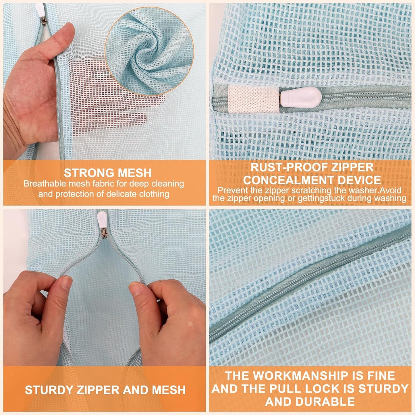 4-Piece Blue Large Durable Organic Cotton Mesh Laundry Bags with Sturdy Zippers and Breathable Mesh are Delicate Laundry Bags for Underwear, Clothes, Pants and Socks