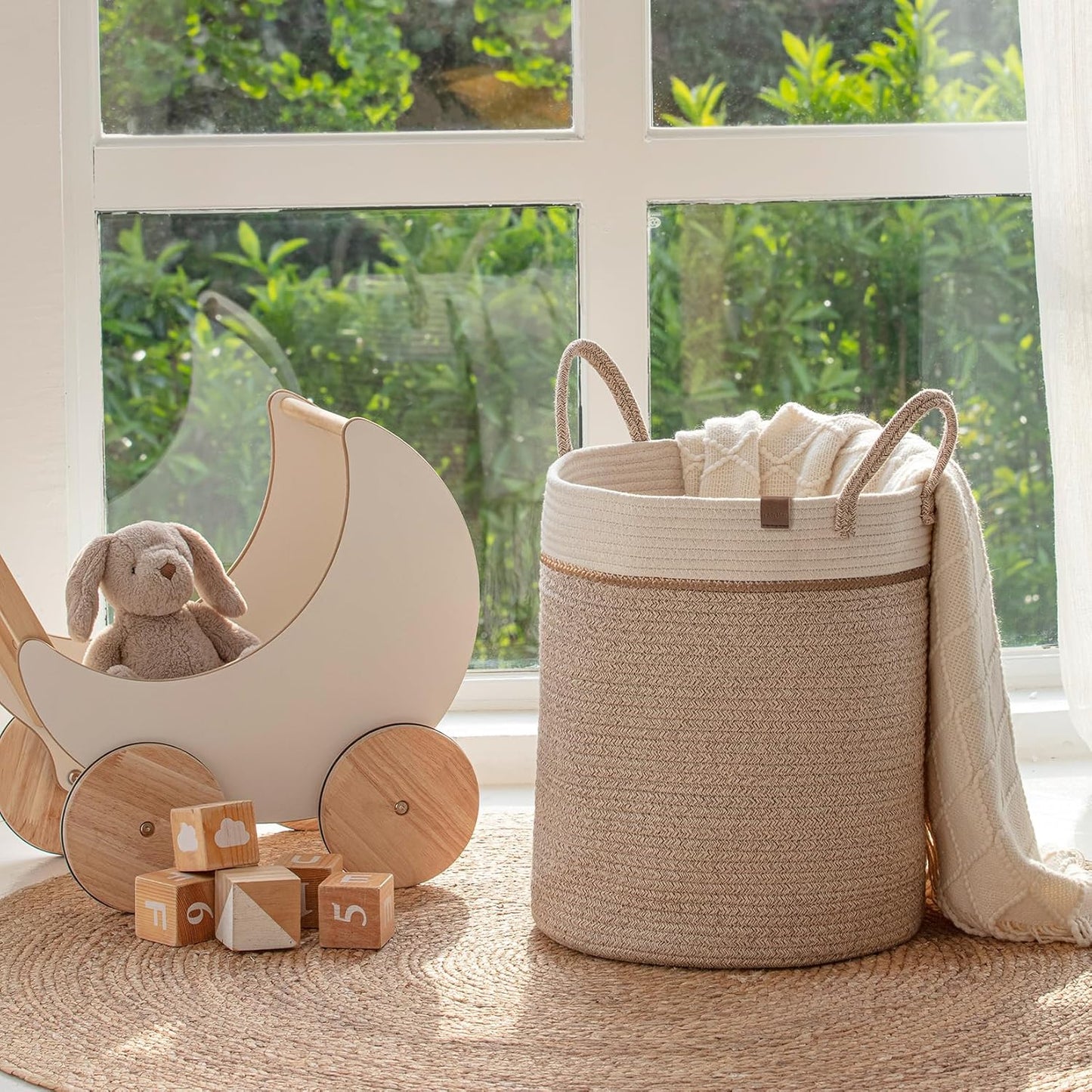 LA JOLIE MUSE Woven Basket Rope Storage Baskets - Large Cotton Organizer 16 x 14 x 14 Inches, Basket for Baby Blanket, Kids Toy Nursery Laundry Basket