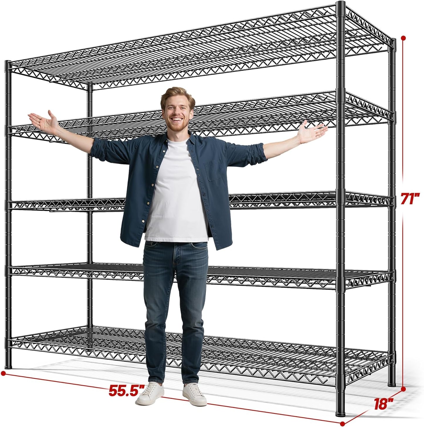 REIBII 55.5" W Storage Shelves 3200LBS Metal Shelving 5 Tier Wire Shelving Unit Garage Shelving Heavy Duty Metal Shelves for Storage Rack Commercial Adjustable Pantry Shelf, 55.5" W X 18''D X 71" H