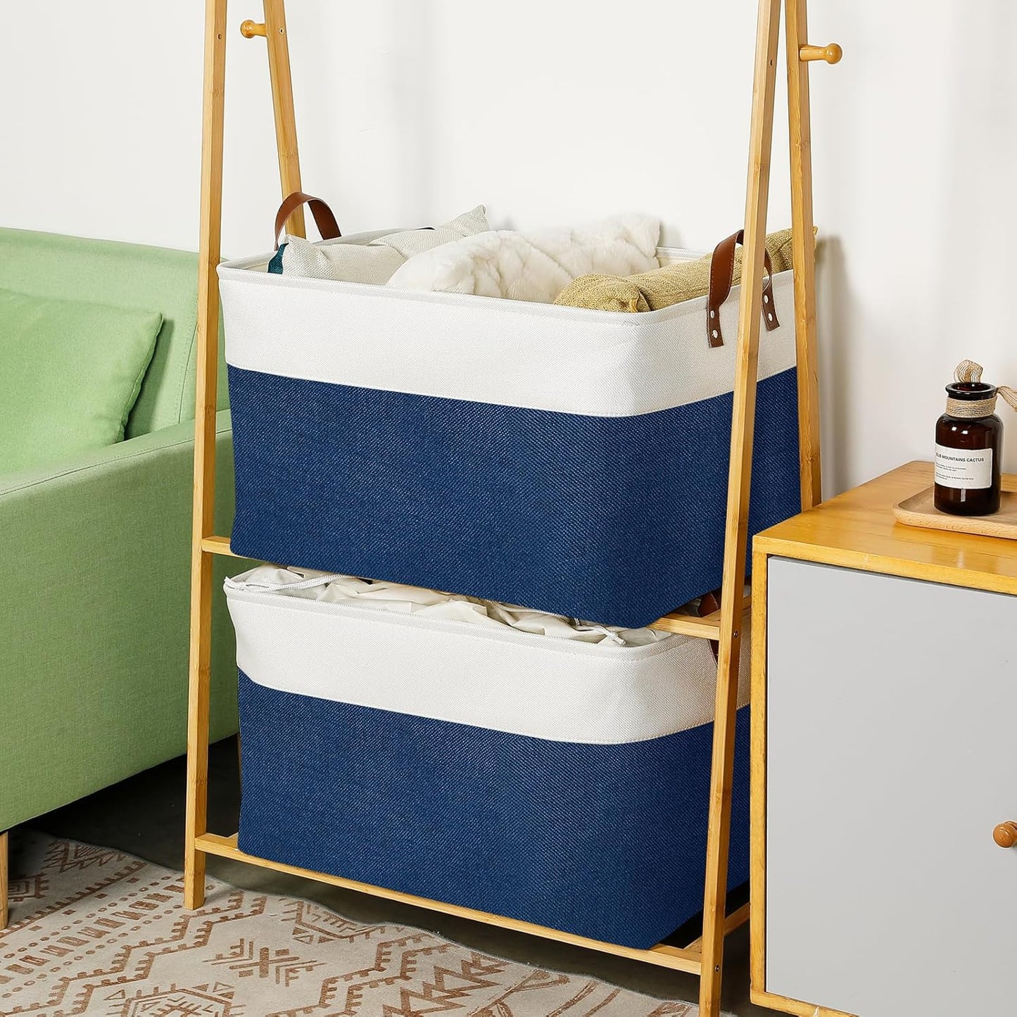 DULLEMELO 2-Pack Extra Large Blanket Basket Fabric Storage Baskets with Handles, Canvas Storage Baskets for Organizing Shelves Closet Toys Books, 22 x 15 x 13 inches(White&Blue)