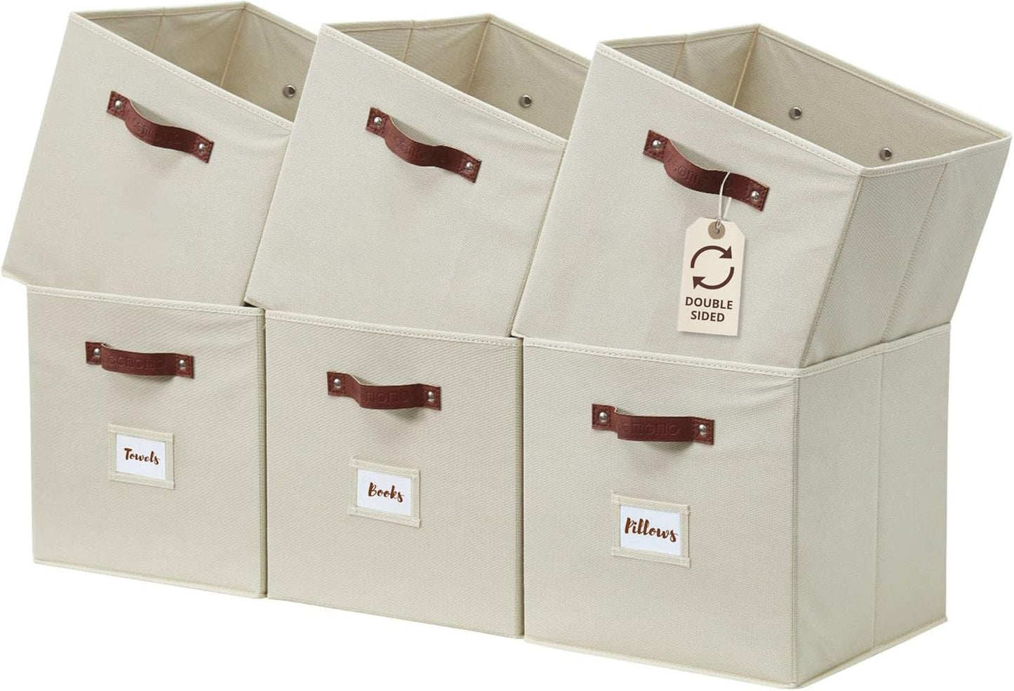 DECOMOMO Storage Cubes, 13x13x13 Storage Cube Bins with Labels, Fabric Organizer Bins (13" / 6pcs, Beige)