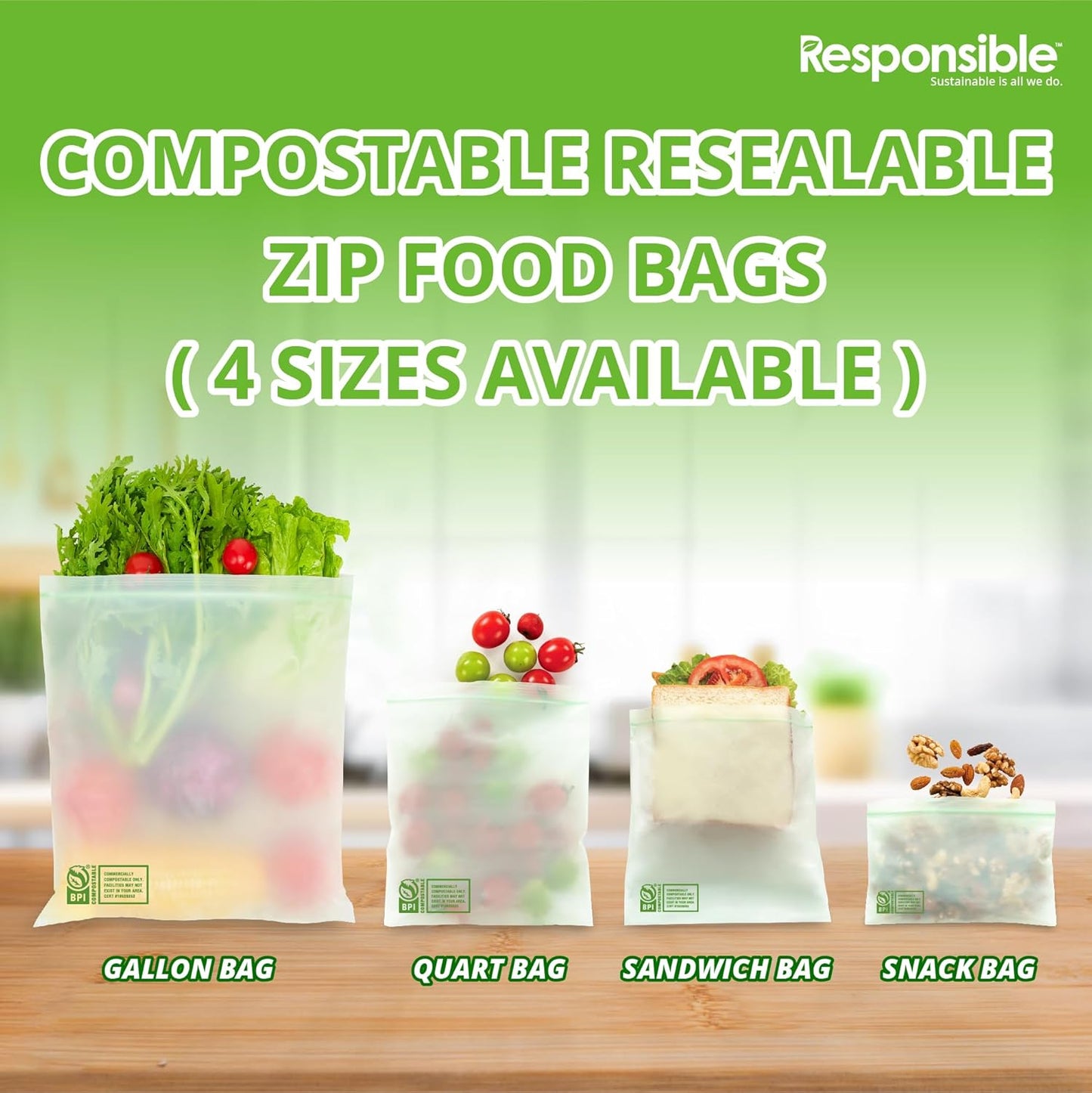 Certified Compostable Large GALLON Resealable Zip Bag, Extra Strength Food Bags, Made from Plant Materials (64 Pack)