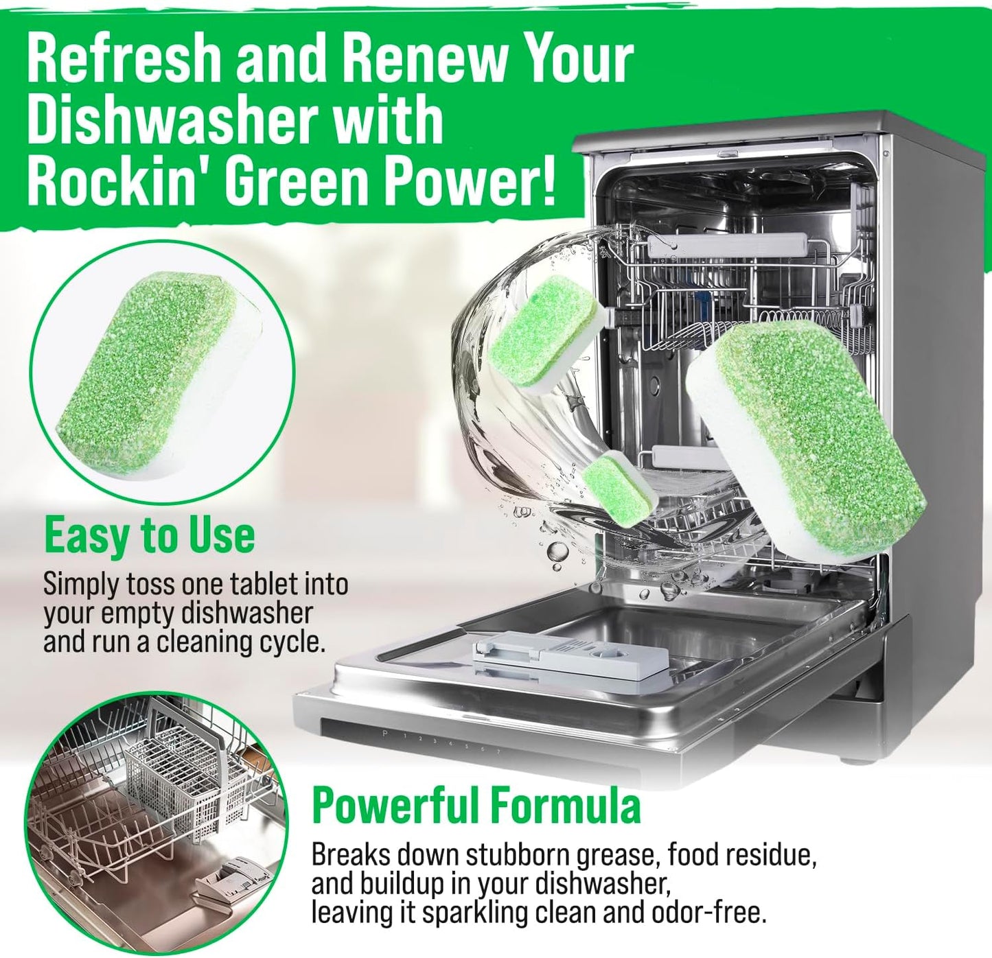 Rockin' Green Deep Cleaning and Deodorizing Tablets for Dishwashers, Washing Machines, and Garbage Disposals, Removes Odor and Residue (Dishwasher Cleaning Tablets, 8 Pack)