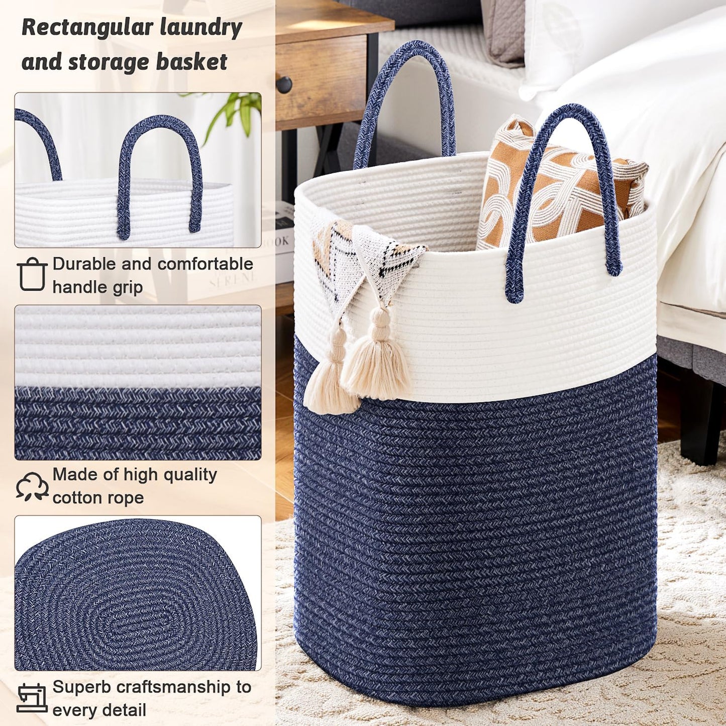 Laundry Basket,Woven Cotton Rope Laundry Hamper,Versatile Storage for Dirty Clothes,Baby Toys,and Blankets in Bathroom, Nursery,and Living Room (Blue, 40L)