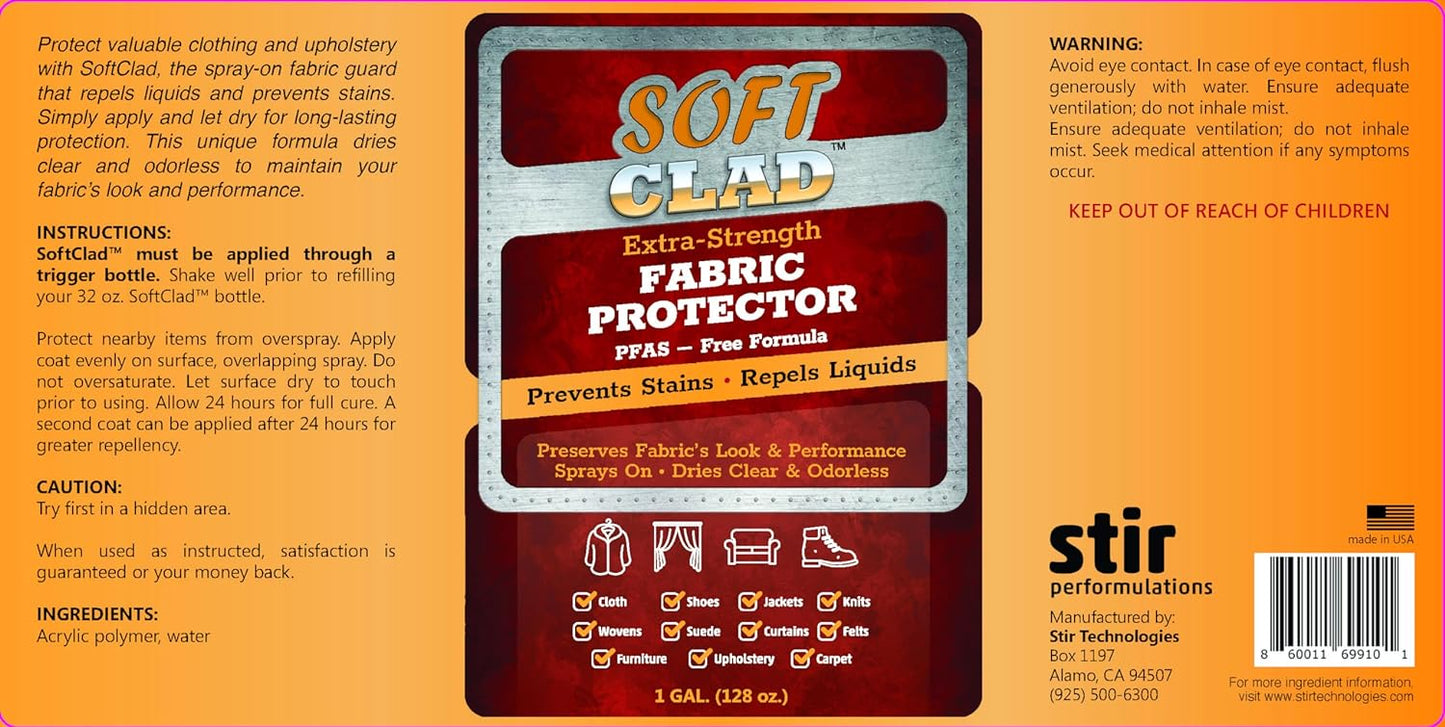 Extra Strength Fabric Protector Spray Prevents Stains and Repels Liquids. SoftClad Guards Furniture, Shoes, Carpet, Upholstery, Suede, Leather, Couch. Safe for Indoor Use. PFAS Free Formula. 1 Gallon