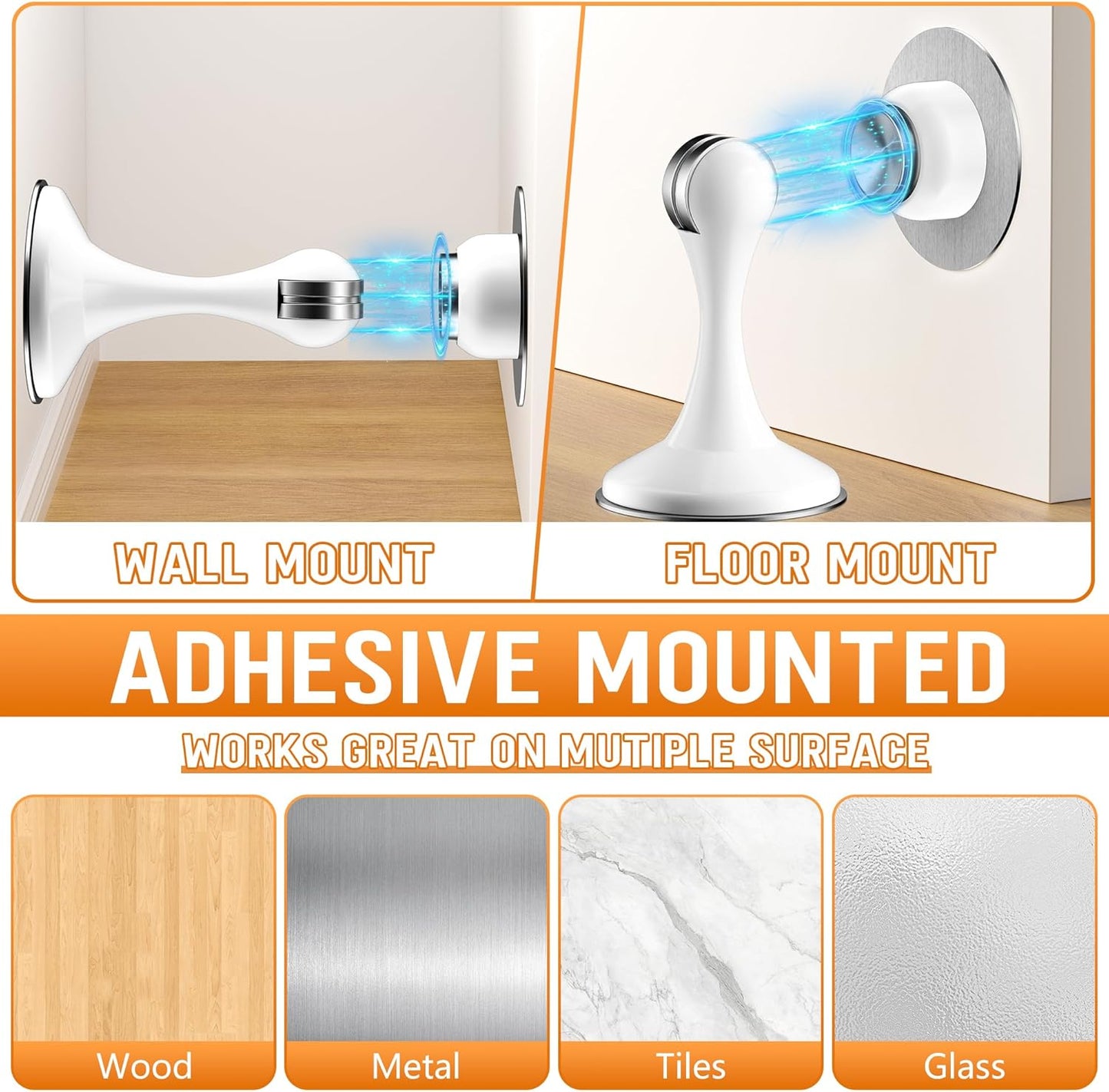 Crosize Magnetic Door Stoppers 6 Pack, Stainless Steel Door Catch for Wall and Floor Mounting, Door Holder Keep Door Open, No Drilling Door Stop with Adhesive Tapes, White