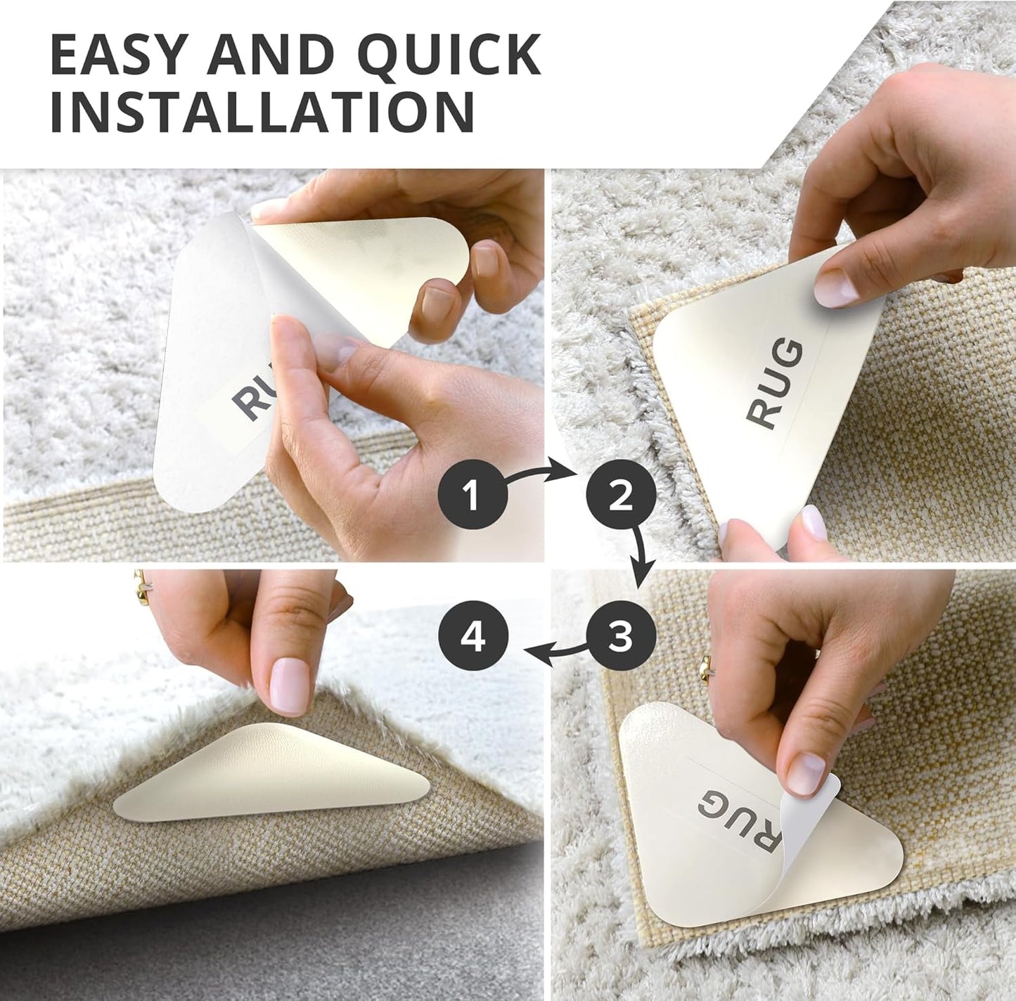 X-Protector Rug Tape for Carpet - 16 Pcs Set - White Anti-Slip & Anti-Curling Carpet Tape for Rugs - Premium Rug Pad Gripper - Ideal Carpet Corner Grippers to Keep Your Rugs & Make Corners Flat