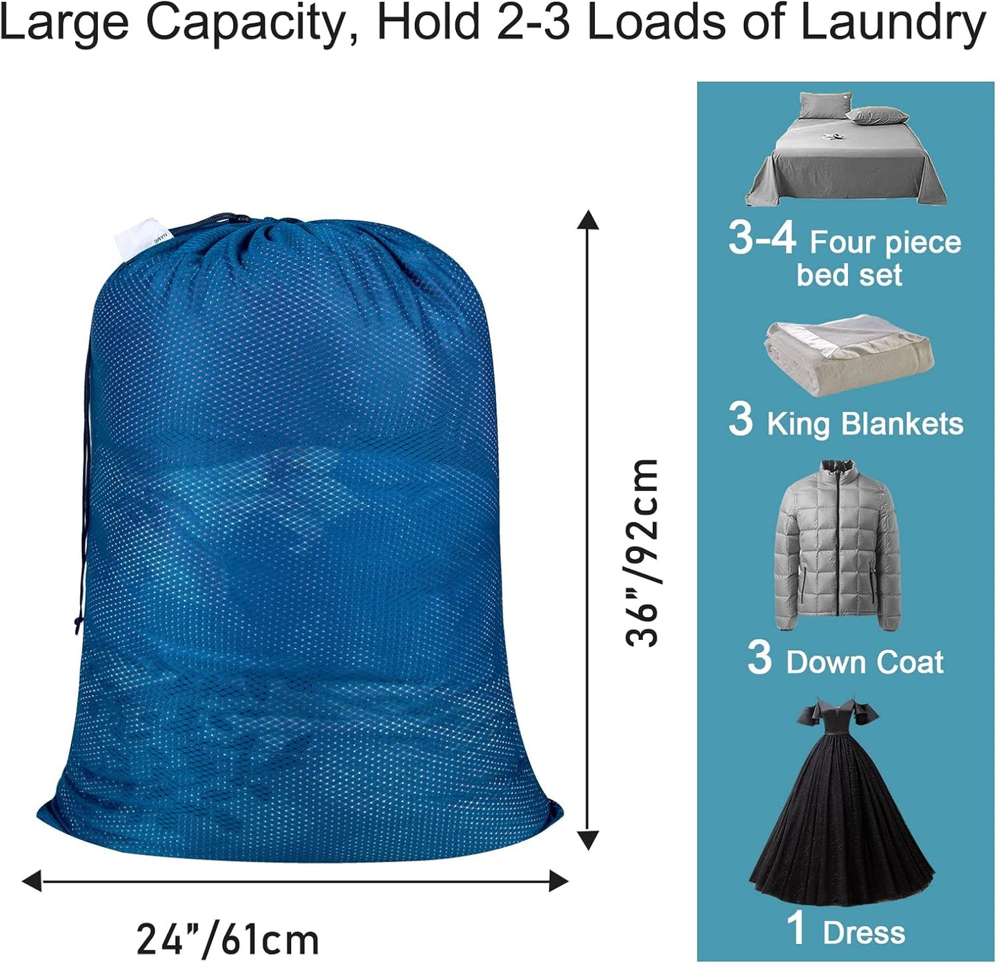 Polecasa Heavy Duty Large Mesh Laundry Bags with ID Tag and Locking Drawstring Closure - 2 Pack, 24 x 36 inches - Laundry Hamper Liner, Washable Laundry Bag for Travel, Sports, Dorms (Blue)