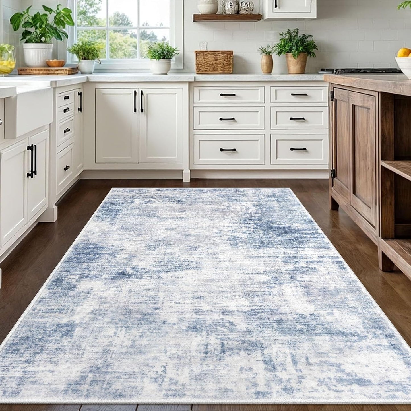 IOHOUZE Abstract Area Rugs 5x7 Ft Washable Rugs for Living Room, Non Slip Dining Room Rug, Printed Faux Wool Rugs for Bedroom, Floor Carpet for Office Nursery Playroom, Light Blue White