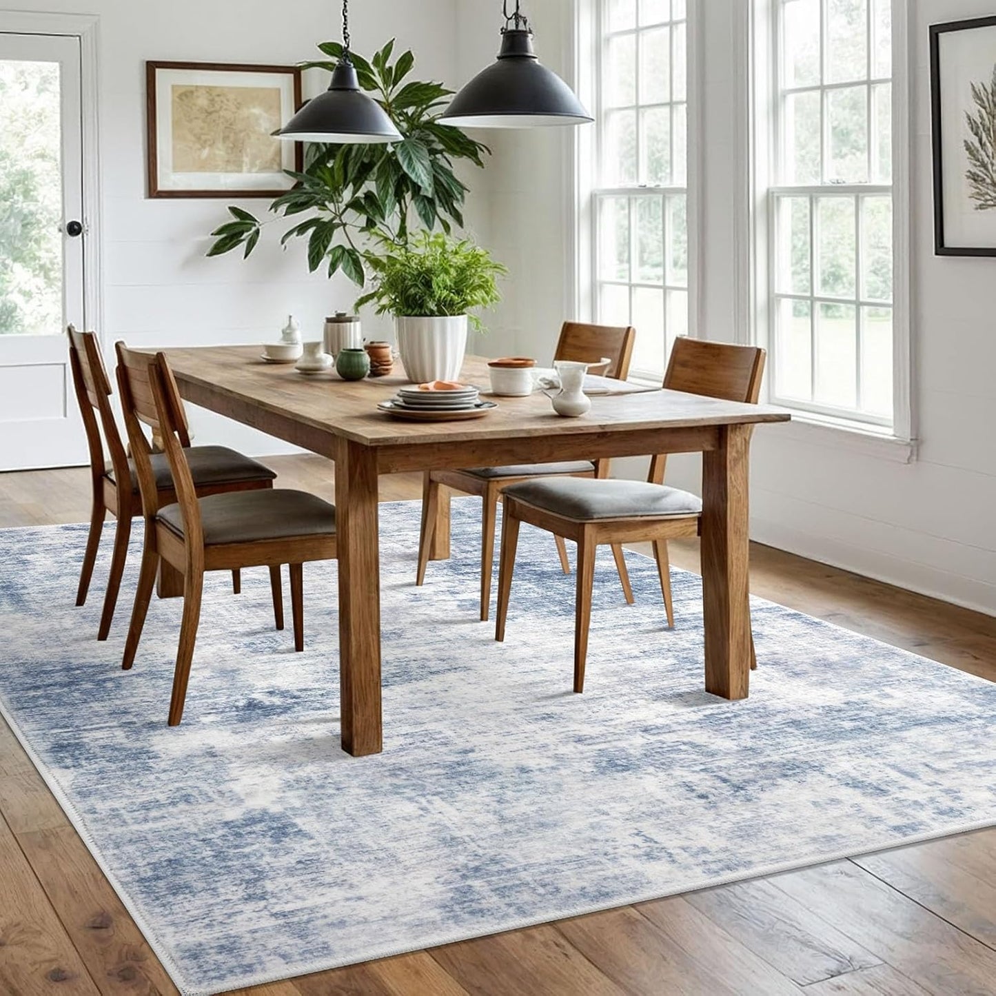 IOHOUZE Abstract Area Rugs 6x9 Ft Washable Rugs for Living Room, Non Slip Dining Room Rug, Printed Faux Wool Rugs for Bedroom, Floor Carpet for Office Nursery Playroom, Light Blue White