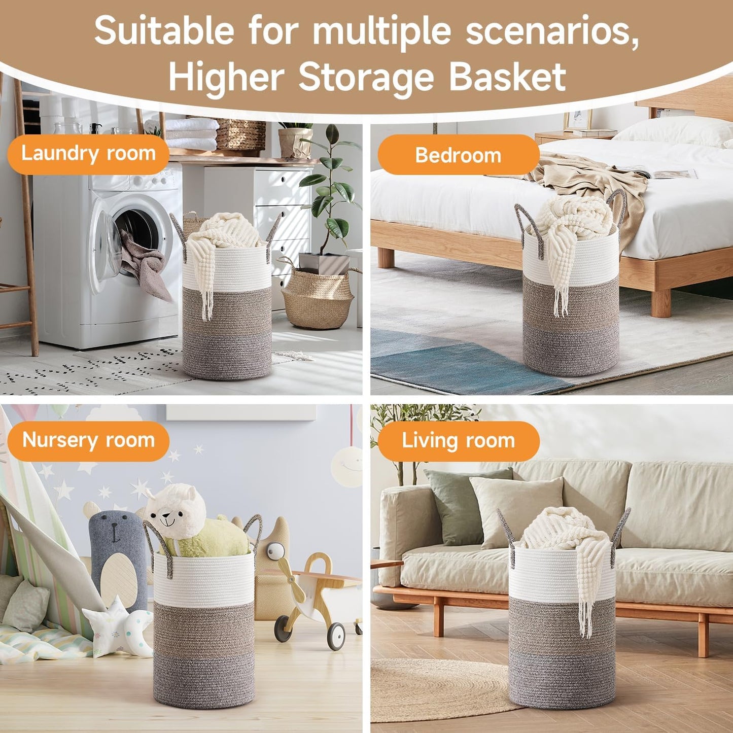 CLHMILY&Z 40L Laundry Basket Round Storage Rope Basket - 13x18 Inches - Laundry Hamper in Bedreoom and Mutil Storage Bin for Blankets, Toys, and Nursery Essentials