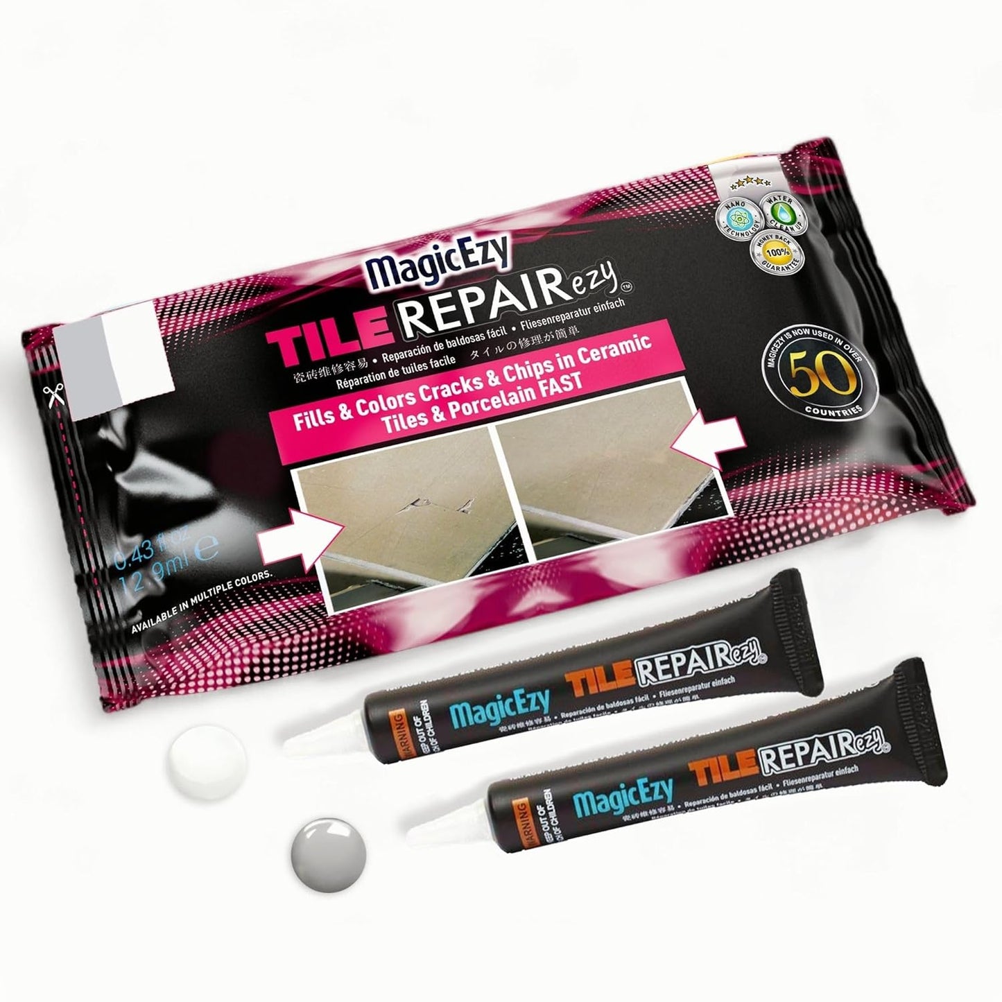 MagicEzy Tile RepairEzy (Light Gray/White Kit) - Porcelain Tile Repair Kit - Fix Cracked or Chipped Ceramic Tiles Fast - Thick Structural Repair Filler, Putty and Adhesive for Tiles