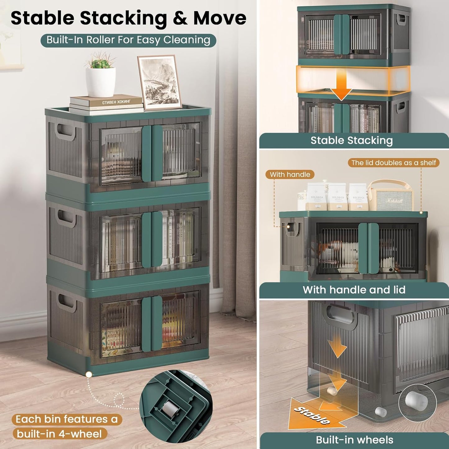 8.4Gal Collapsible Storage Bins with Lids & Wheels - 1 Pack Stackable with Doors, Heavy-Duty Plastic Containers for Home/Office, Green