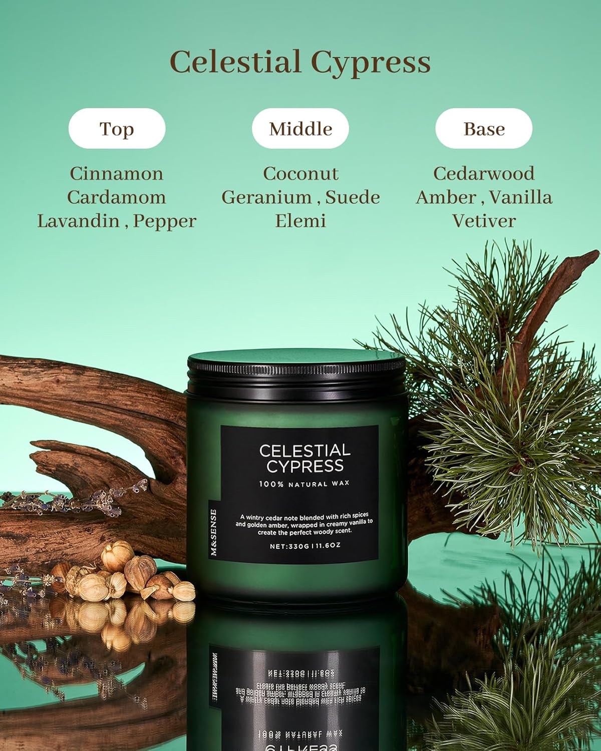 M&SENSE Celestial Cypress - Cedarwood Spice Scent Natural Soy Wax Highly Scented Candle, 11.6oz 2 Wick 70 Hours Long Lasting Candle Woody Scent Gifts for Dad