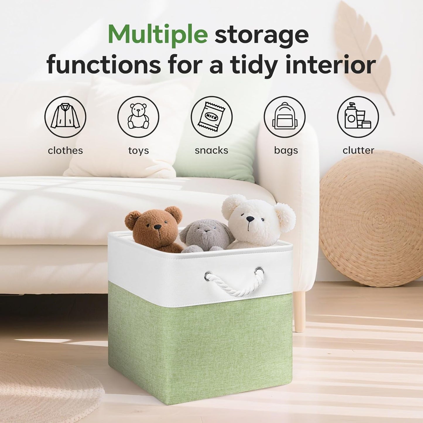 13x13 Inch Cube Storage Bins with Reinforced Bottom Cardboard, 6 Pack Large Collapsible Fabric Storage Cubes with Handles for Shelf, Closet, Toy, Laundry Organization (White&Green)